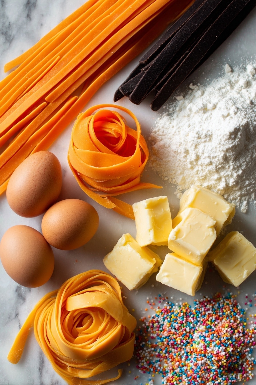 Witches Brew Halloween Cake Jars, Halloween dessert ideas, spooky festive cake jars, Halloween treat recipes, festive chocolate cake jars - Flat lay of bright orange fondant rolled into smooth, soft strips and small balls, glossy black fondant shaped into thin strips and rounded shoe-like forms with a satin texture, pale creamy butter chunks with a soft and rich appearance, fine powdered white sugar dusted lightly and sparkling, deep dark cocoa powder with a velvety matte finish, fresh whole eggs with smooth brown shells, golden yellow butter cubes with a creamy texture, and colorful tiny edible sprinkles scattered gently nearby, all beautifully arranged in natural, flowing lines and clusters, placed on white marbled surface, photo taken with an iphone --ar 2:3 --v 7