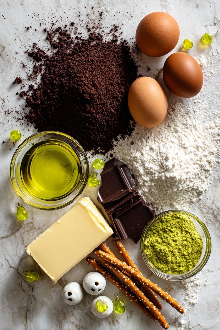 Cauldron Cookie Cups, Halloween cookie treats, spooky dessert ideas, chocolate cookie cups, festive party desserts - Flat lay of rich dark chocolate Devil’s Food cake mix box with deep brown powder spilling slightly, two glossy large brown eggs with smooth shells, a small glass bowl of golden canola oil catching the light, vibrant green liquid food coloring dripping from a dropper, soft pale yellow unsalted butter block with creamy texture, fine white powdered sugar gently heaped, bright green round sprinkles with a shiny surface, shiny white candy eyeballs with black centers, and rustic light brown pretzel sticks with a crunchy texture, all beautifully arranged with natural spacing and slight overlaps to create an inviting scene, placed on white marbled surface, photo taken with an iphone --ar 2:3 --v 7