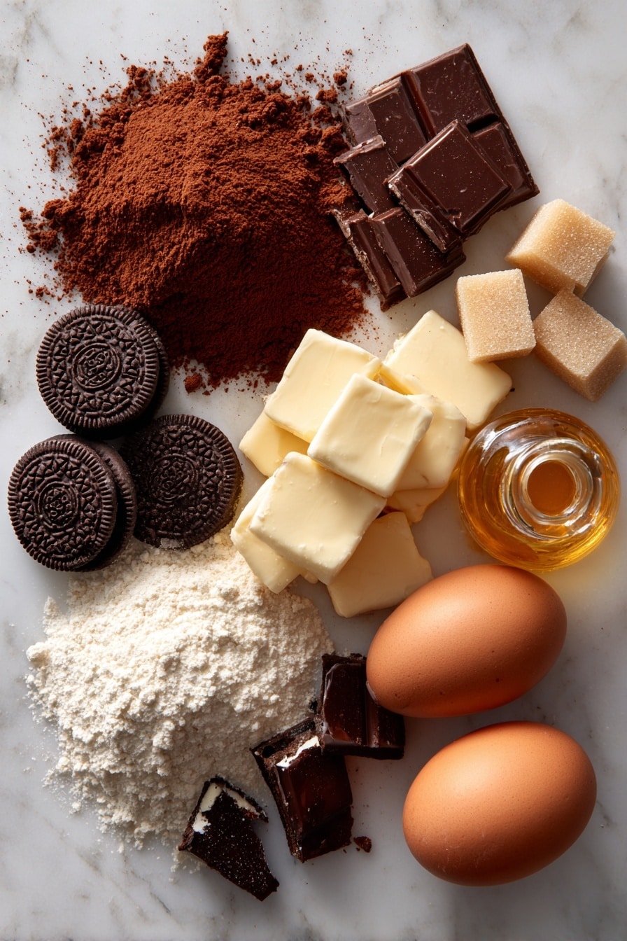 Halloween Oreo Stuffed Brownies, Oreo Stuffed Brownies, Halloween Brownie Recipes, Fudgy Brownies with Oreos, Festive Halloween Treats - Flat lay of rich brown cocoa powder scattered in a small pile, smooth dark chocolate Oreos whole and crushed to show their creamy white centers, two fresh brown-speckled eggs with glossy shells, soft golden brown cubes of butter, shiny light amber brown sugar crystals next to deep reddish-brown packed brown sugar, fine pale off-white all-purpose flour in a neat mound, and a small glass bottle of golden vanilla extract with a warm amber hue, all beautifully arranged with natural shadows and textures highlighted, placed on white marbled surface, photo taken with an iphone --ar 2:3 --v 7