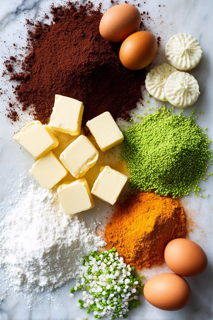 Creepy Halloween Spider Cupcakes, Halloween spooky cupcakes, Halloween chocolate cupcakes, Halloween fondant spider decorations, Halloween party treats - Flat lay of deep brown cocoa powder arranged in a small pile, vibrant orange pumpkin puree in a glossy mound, smooth pale yellow cubes of salted butter, rich white powdered sugar scattered lightly, soft white fondant rolled thin with small round cutouts, tiny bright green sprinkles clustered together, whole fresh eggs with smooth brown shells, and a subtle heap of warm brown pumpkin pie spice, all beautifully arranged with natural textures and vibrant colors spread evenly and artfully on a white marbled surface, photo taken with an iphone --ar 2:3 --v 7