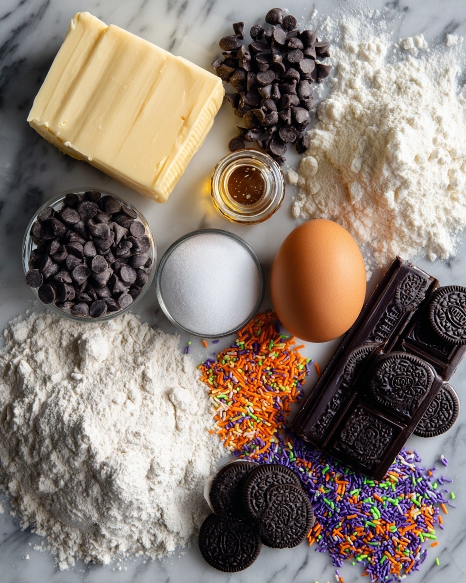 Halloween Oreo Stuffed Chocolate Chip Cookies, Halloween cookies recipe, Oreo stuffed cookie recipe, Halloween dessert ideas, soft chewy Halloween cookies - Flat lay of slightly softened pale yellow butter, rich dark brown sugar crystals, fine white granulated sugar, a single glossy brown egg, a small glass bottle of golden vanilla extract, a neat pile of soft off-white flour, smooth white corn starch powder, shiny dark semi-sweet chocolate chips scattered loosely, several unopened black and orange Halloween Oreo packs with spooky designs, and a handful of colorful Halloween sprinkles in bright orange, purple, green, and black hues, all beautifully arranged in a natural, slightly overlapping layout, placed on white marbled surface, photo taken with an iphone --ar 2:3 --v 7