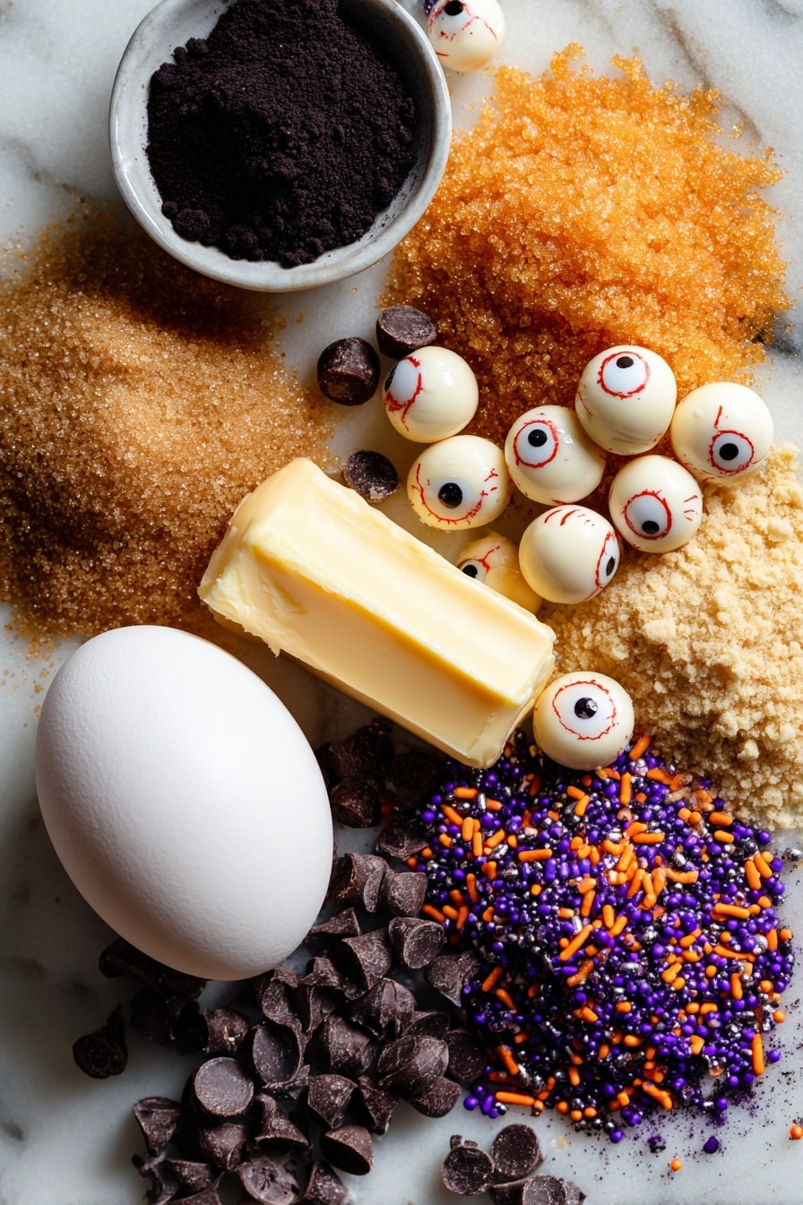 Halloween Black Monster Cookies, Halloween cookies, spooky Halloween treats, black cocoa cookies, monster cookies for Halloween - Flat lay of softened golden butter pats, light and dark brown sugar piles with fine crystals sparkling, a single large glossy white egg, rich black cocoa powder in a small mound with deep matte texture, creamy pale peanut butter chips scattered loosely, vibrant multicolored Halloween sprinkles in orange, purple, and black, and eerie white eyeball candies with red veins, all naturally arranged with slight overlaps and shadows, placed on white marbled surface, photo taken with an iphone --ar 2:3 --v 7