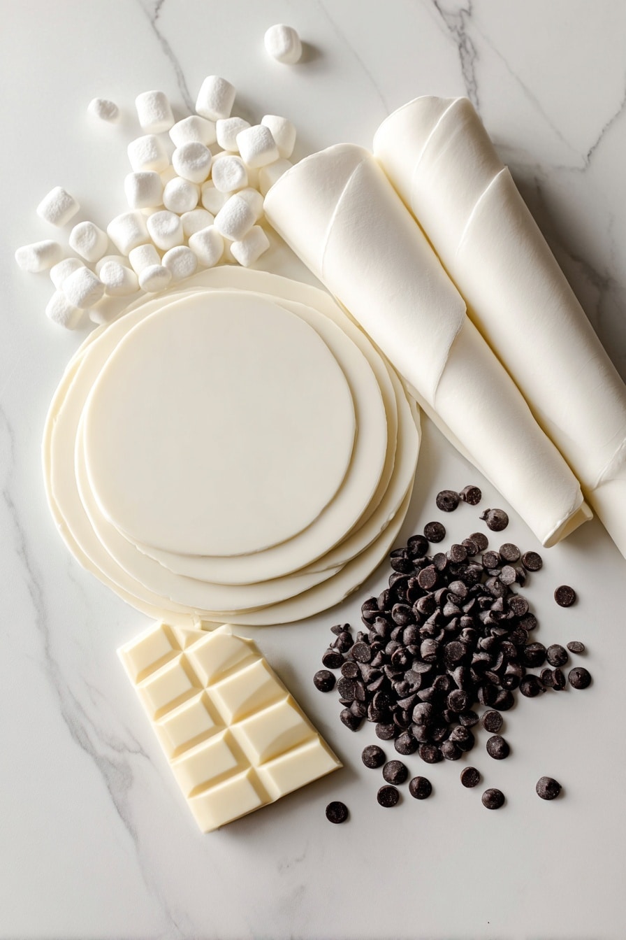 Marshmallow Ghosts Easy Halloween Treats, Halloween Ghost Treats, Spooky Dessert Ideas, Kid-Friendly Halloween Snacks, Quick Halloween Decorations - Flat lay of smooth white fondant sheets rolled thin with soft, pillowy white marshmallows scattered nearby, tiny glossy black mini chocolate chips and larger standard chocolate chips arranged in clusters, chunks of creamy white chocolate with subtle ridges, all textures contrasting beautifully against each other; the fondant’s matte finish, marshmallows’ fluffy softness, chips’ shiny surfaces, and white chocolate’s gentle cream color create a delicate Halloween-themed palette, placed on white marbled surface, photo taken with an iphone --ar 2:3 --v 7