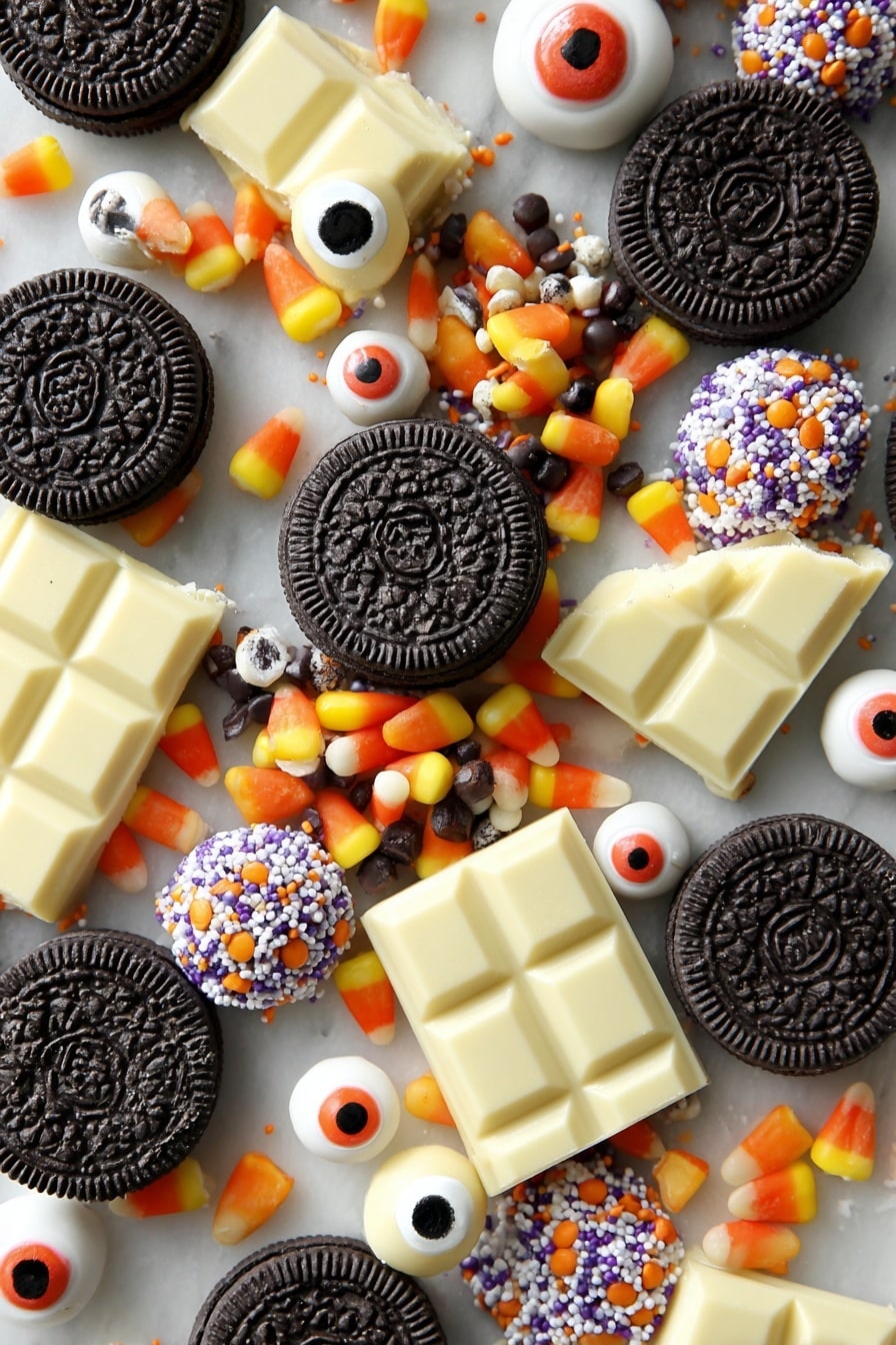 Spooky Halloween Oreo Bark, Halloween dessert ideas, easy Halloween treats, no-bake Halloween candies, festive Halloween rocky road - Flat lay of whole Halloween Oreos with their dark chocolate cookies and orange, black, and white cream centers, colorful Reese's Pieces in bright orange, yellow, and brown hues, small round eyeball candies with white bases and red and black details, a variety of Halloween-themed sprinkles in orange, black, white, and purple, and smooth blocks of creamy white chocolate showing a glossy texture, all beautifully scattered and overlapping with natural shadows, placed on white marbled surface, photo taken with an iphone --ar 2:3 --v 7