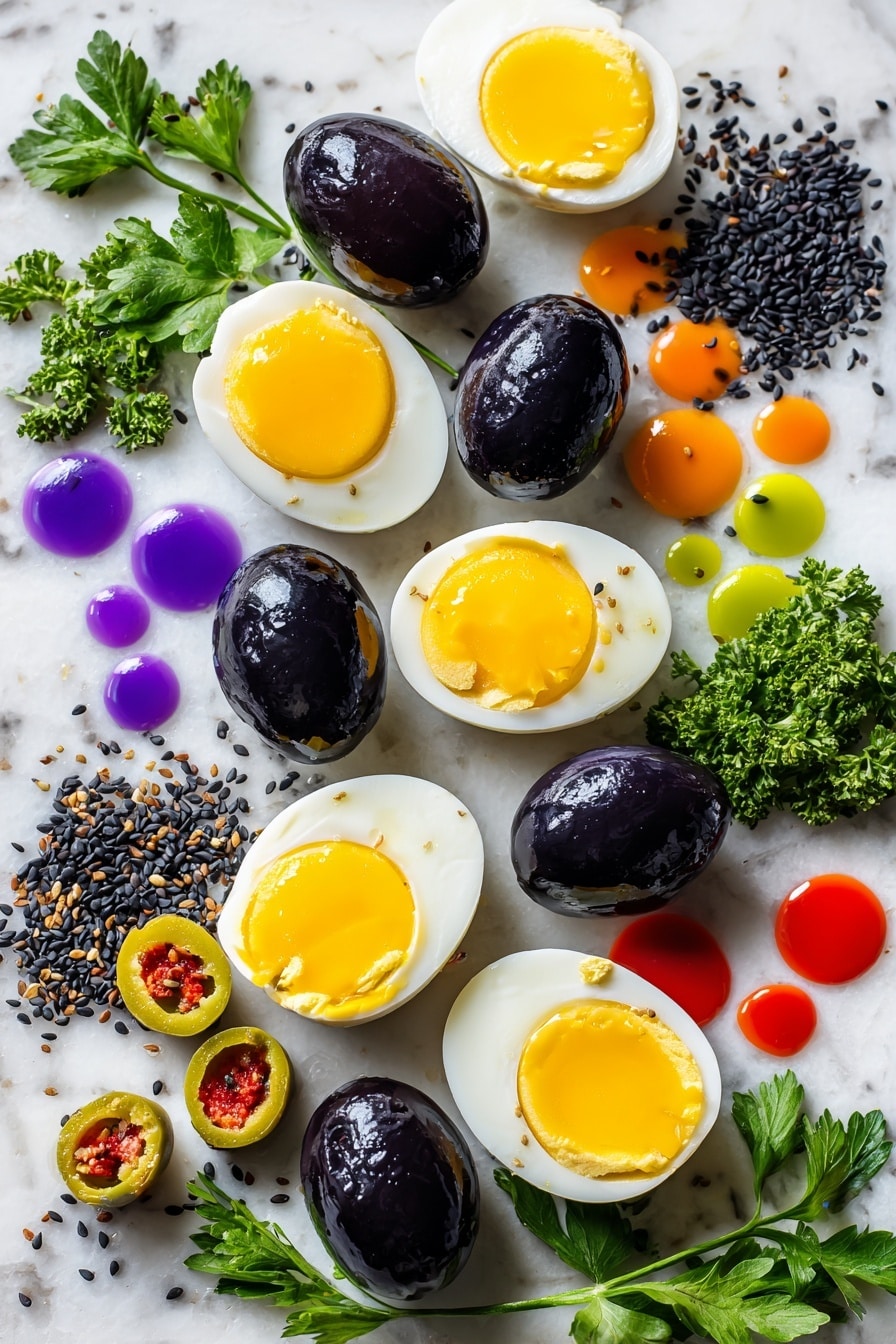 Halloween Themed Deviled Eggs, spooky Halloween appetizer, spooky Halloween party snacks, Halloween egg decorations, festive Halloween recipes - Flat lay of halved hard boiled eggs with smooth, glossy whites and vibrant yellow yolks, whole black olives with shiny deep black skins, sliced pimento-stuffed green olives showing bright red centers, fresh curly parsley with rich green, textured leaves, small piles of glossy black sesame seeds, and drops of purple, orange, and green food coloring in vibrant jewel tones, all naturally arranged in an inviting, colorful pattern, placed on white marbled surface, photo taken with an iphone --ar 2:3 --v 7