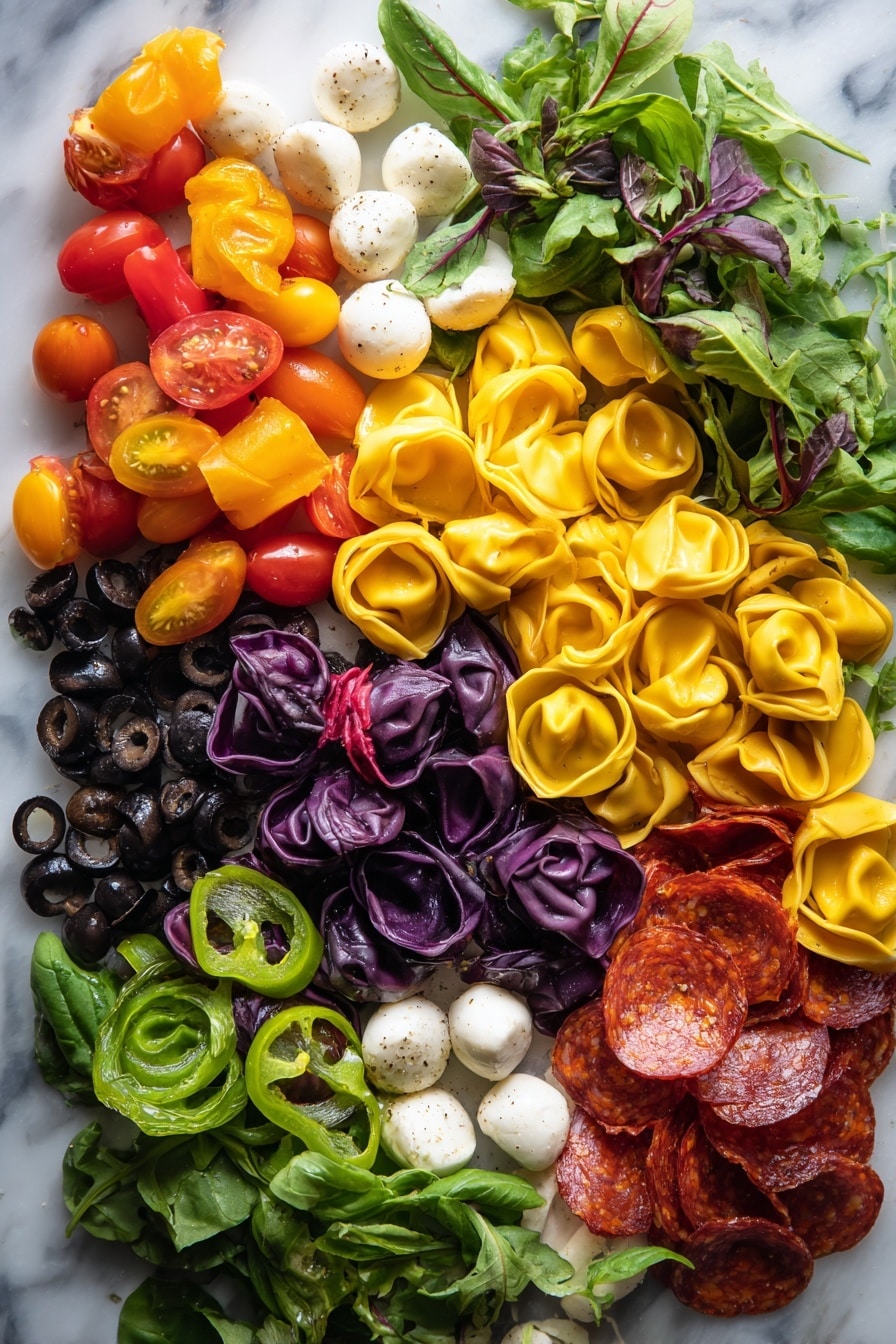 Spooky Halloween Salad with Colorful Tortellini, cheese skulls, red wine vinaigrette, Halloween party appetizer, festive fall salads - Flat lay of colorful tortellini dyed in bright orange, deep green, and rich purple hues, fresh bright red cherry tomatoes sliced in halves, glossy black kalamata olives cut into rings, crisp thinly sliced mini sweet peppers in shades of yellow, orange, and red, vibrant green spring mix leaves with varied textures, small smooth white mozzarella balls shaped like skulls, and thick-cut pepperoni pieces with a reddish-brown tone arranged naturally with some overlapping and scattered, placed on white marbled surface, photo taken with an iphone --ar 2:3 --v 7