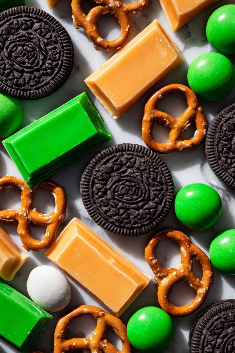 Halloween Pumpkin Cookies, festive Halloween treats, easy pumpkin cookie recipe, fall baking ideas, Halloween dessert recipes - Flat lay of whole Oreo sandwich cookies with their dark chocolate edges and creamy centers visible, bright orange white chocolate bark pieces with a smooth glossy texture from added orange food coloring, solid white coconut oil chunks with a slightly waxy appearance, vibrant green candy-coated milk chocolates halved to show their shiny shells and milk chocolate centers, small twisted pretzel pieces with a golden brown crunchy texture, all artfully scattered and overlapping with natural shadows and highlights, placed on white marbled surface, photo taken with an iphone --ar 2:3 --v 7