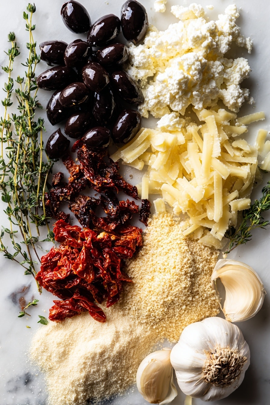 Halloween Jack Skellington Ricotta Olive Tarts, savory Halloween tart recipes, festive spooky tart ideas, easy Halloween appetizer recipes, creative Halloween party treats - Flat lay of shiny black olives whole and sliced into thin strips and small ovals, bright deep red julienned sun-dried tomatoes with a slightly oily sheen, fresh green thyme leaves scattered gently, creamy white ricotta cheese with a soft, smooth texture, a small pile of grated pale yellow parmesan cheese with a crumbly look, a few fresh garlic cloves with papery white skin and smooth curves, raw egg whites in a translucent state with a glossy finish, and a small mound of mixed gluten-free flours in soft beige tones, all beautifully arranged in an inviting natural pattern, placed on white marbled surface, photo taken with an iphone --ar 2:3 --v 7