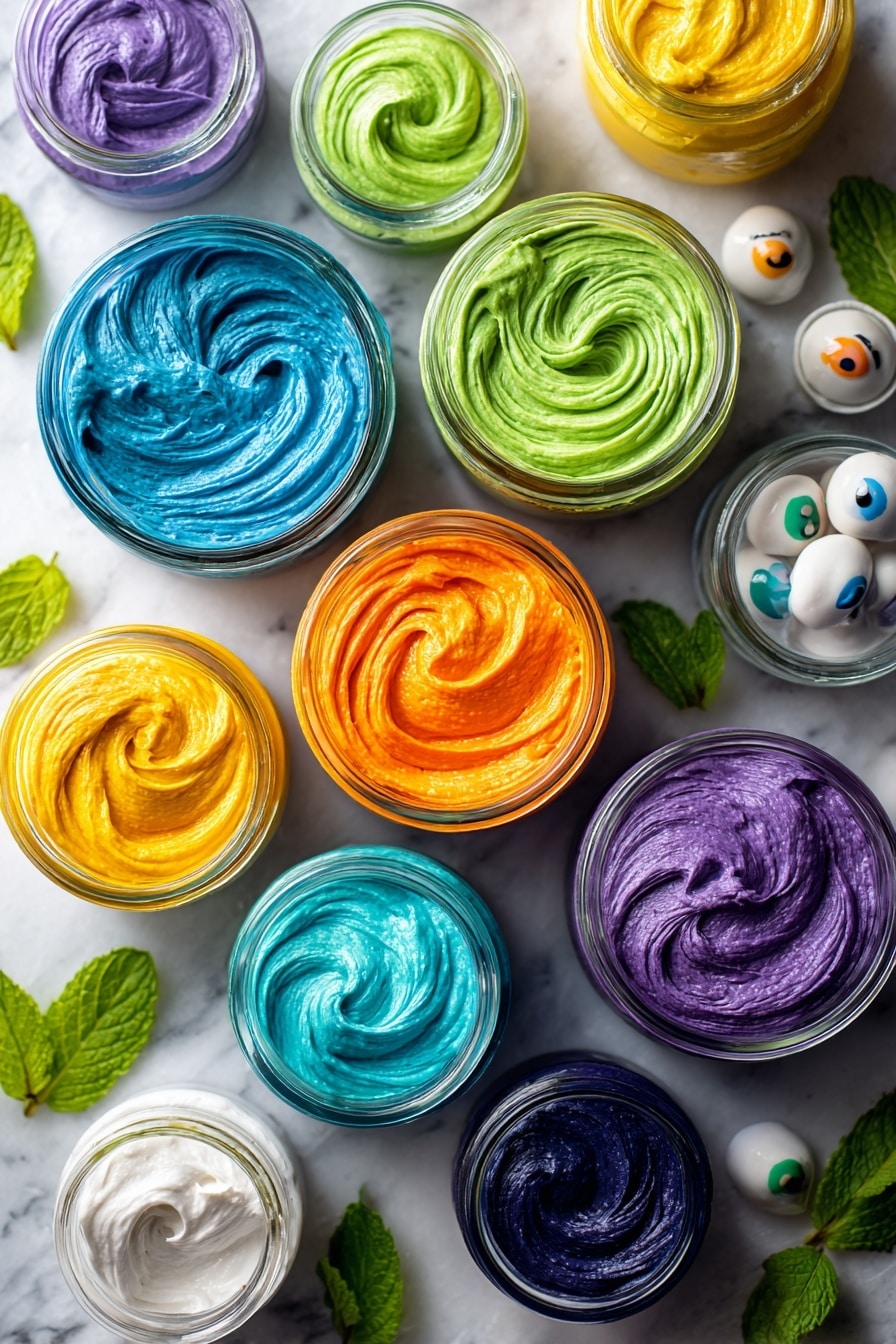 Monster Cupcakes, colorful Halloween cupcakes, fun kids birthday cupcakes, cute spooky cupcake ideas, easy themed cupcake recipes - Flat lay of vibrant scoops of buttercream frosting in bright blue, green, orange, purple, and yellow hues, glossy and smooth with soft swirls; scattered shiny candy eyes in various sizes=