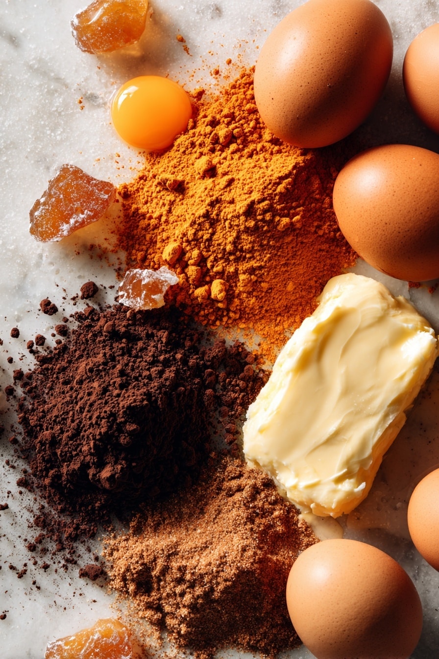 Orange and Black Halloween Marble Cake, Halloween marble cake, Halloween cake recipe, spooky marble cake, Halloween dessert ideas - Flat lay of bright orange pumpkin powder in a small pile, rich black cocoa powder with a velvety texture, fresh whole brown eggs with smooth shells, soft brown sugar crystals glistening under soft light, a dollop of creamy salted butter showing hints of gloss, warm golden milk in a small splash, vibrant orange food coloring droplets shimmering, and a sprinkle of pumpkin spice mix with earth tones and fine texture, all naturally arranged with slight overlaps and soft shadows, placed on white marbled surface, photo taken with an iphone --ar 2:3 --v 7