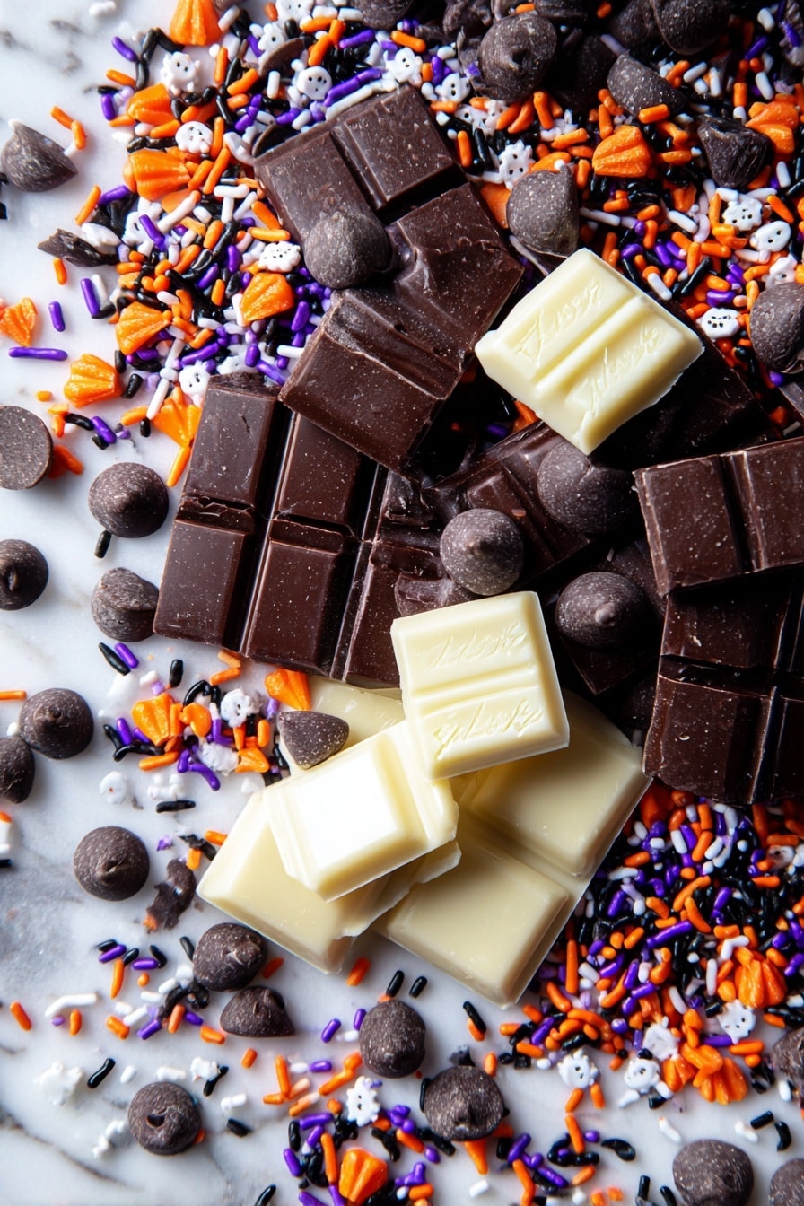 Halloween 3-Ingredient Ghost Bark, easy Halloween treats, quick Halloween dessert, festive ghost chocolate, simple Halloween candies - Flat lay of shiny, smooth semi-sweet chocolate chips in rich dark brown, glossy white chocolate chunks with creamy texture, assorted colorful Halloween sprinkles in orange, black, purple, and white with tiny ghost and pumpkin shapes, all scattered naturally and invitingly across a bright white marbled surface, photo taken with an iphone --ar 2:3 --v 7