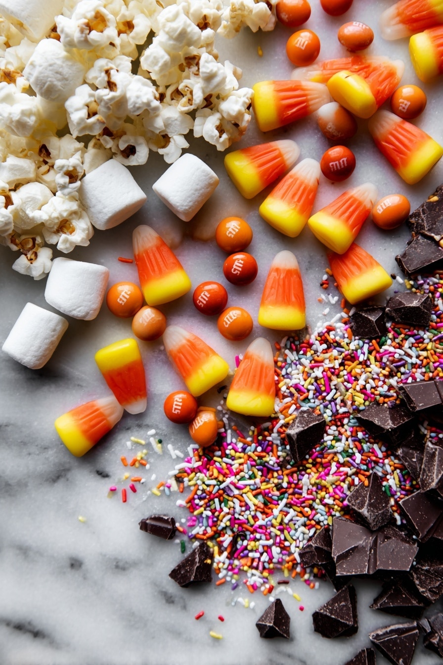 Halloween Chocolate Sparkling Popcorn Delight, festive Halloween popcorn treat, no-bake Halloween snack, chocolate popcorn dessert, easy Halloween party snack - Flat lay of bright orange candy corn with smooth, shiny red and yellow peanut M&Ms scattered among fluffy white mini marshmallows and light, airy salted popcorn kernels, rich dark brown chopped semisweet chocolate chunks with a glossy texture, and colorful festive sprinkles in various shapes and vibrant hues, all naturally arranged with a mix of clusters and loose pieces to create a playful, textured composition, placed on white marbled surface, photo taken with an iphone --ar 2:3 --v 7