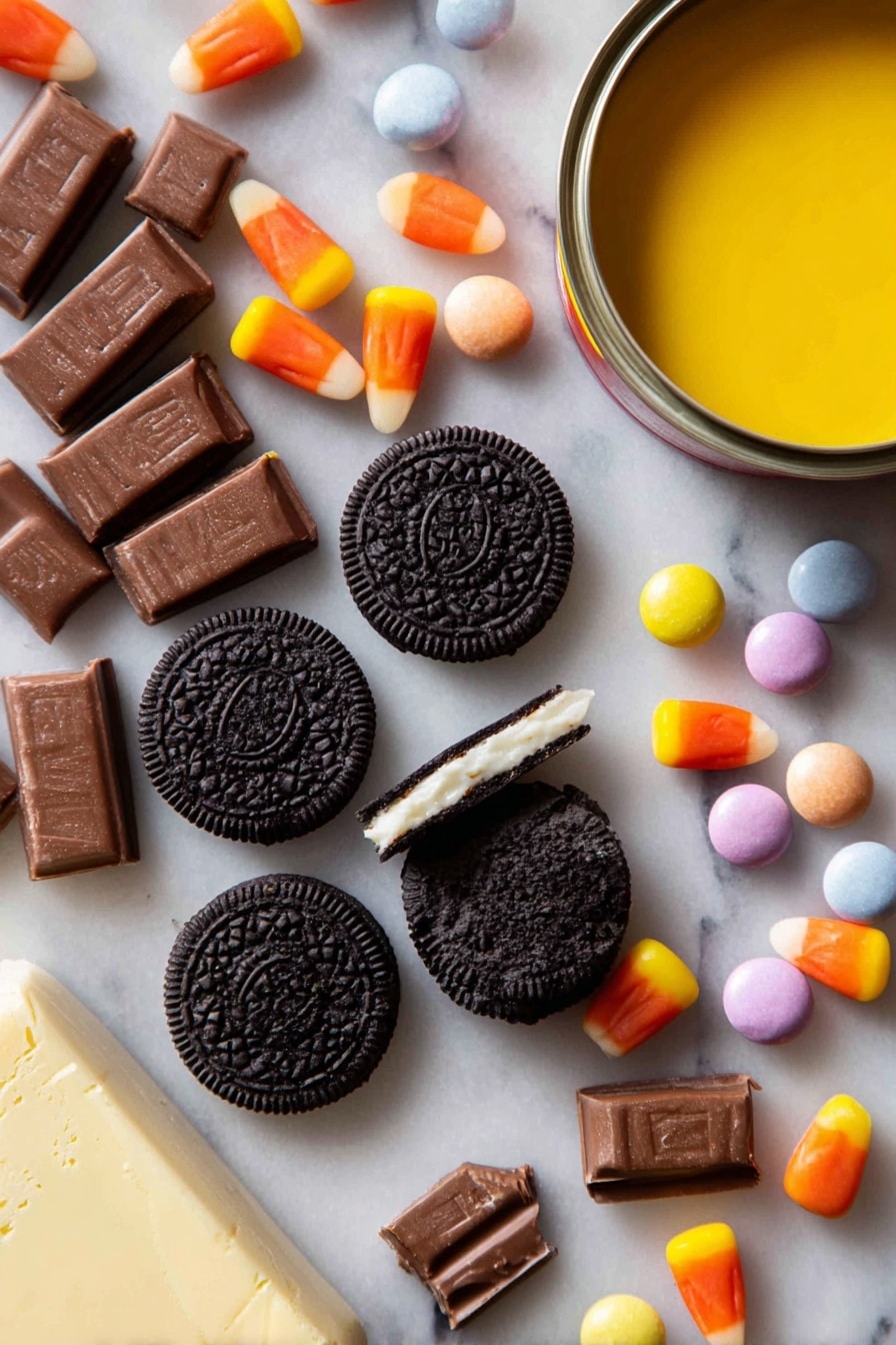 Black Cake Batter No-Churn Ice Cream with Kit Kats and Oreos, no-churn ice cream recipes, chocolate candy bar ice cream, easy no-machine ice cream recipe, creamy no-churn chocolate ice cream - Flat lay of crushed chocolate Oreo cookies with creamy white filling, broken mini Kit Kat bars showing their crisp wafer layers, bright orange and yellow candy corn, colorful smooth Smarties in pastel shades, glossy black liquid food coloring droplets, a small pat of soft pale yellow melted butter, and a can of shiny golden sweetened condensed milk, all beautifully arranged with natural textures and vibrant colors, placed on white marbled surface, photo taken with an iphone --ar 2:3 --v 7