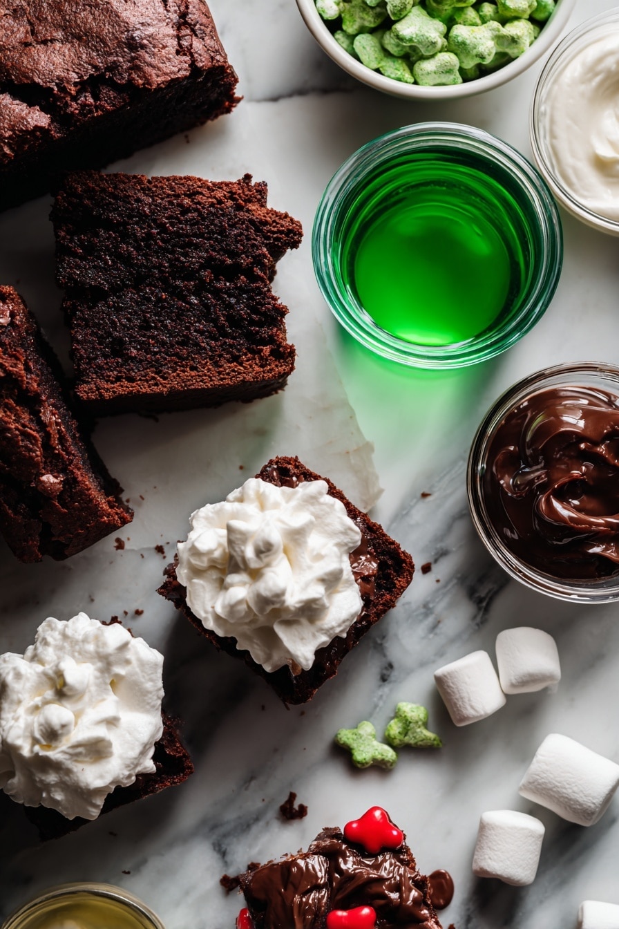 Boo Halloween Dessert Cups, Halloween dessert idea, spooky Halloween treat, easy Halloween party dessert, ghost pudding cups - Flat lay of rich chocolate loaf cake pieces with deep brown color and moist texture, smooth dark chocolate pudding mix packets in their shiny boxes, fluffy white whipping cream swirls, bright white marshmallow ghosts with soft and puffy texture, small vibrant red candy bones with glossy finish, a small glass jar of green food coloring showing bright emerald liquid, all arranged naturally with slight overlapping and scattered crumbs to add texture, placed on white marbled surface, photo taken with an iphone --ar 2:3 --v 7