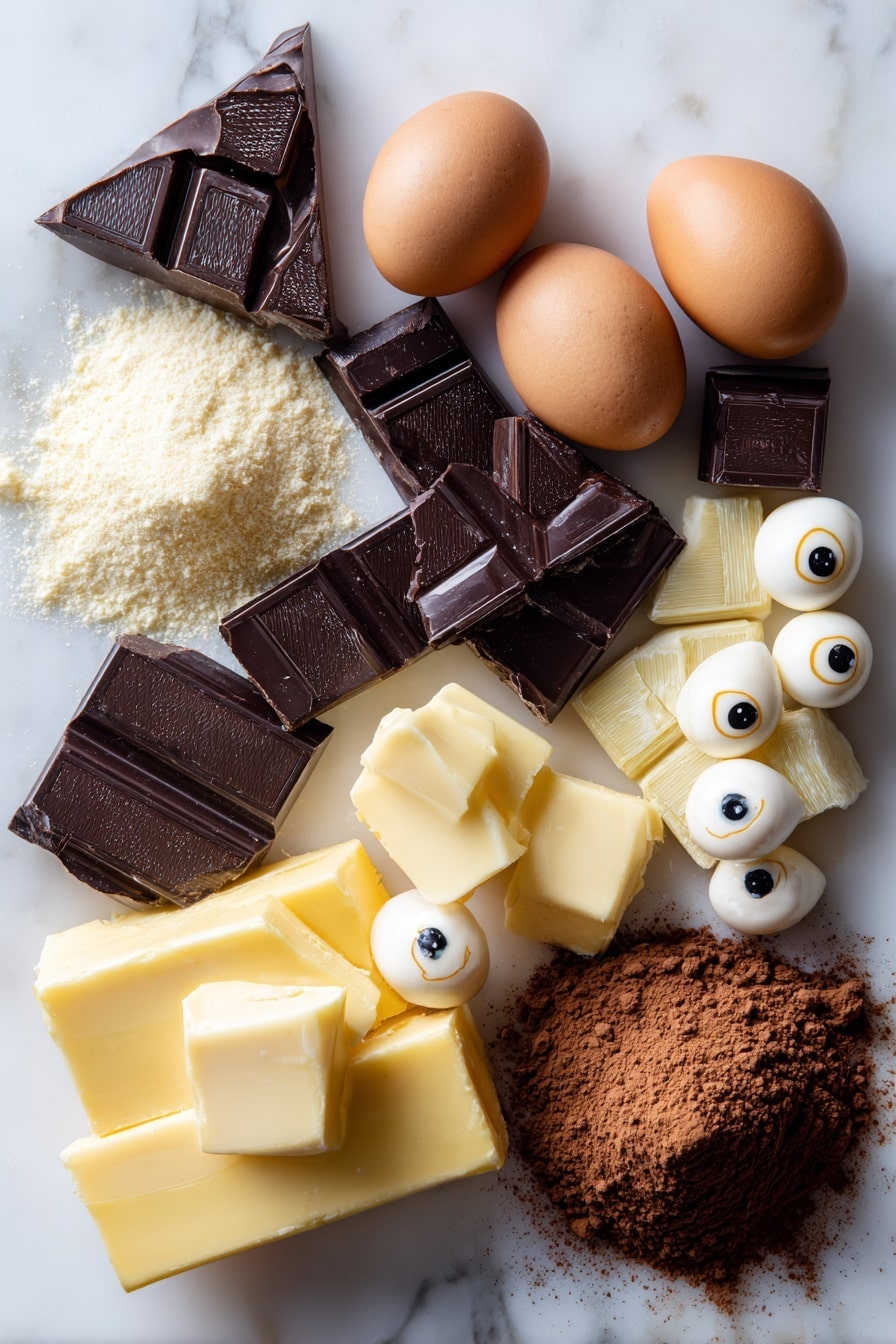 Chocolate Madeleine Mummies, Halloween treats, spooky chocolate desserts, madeleine dessert ideas, easy Halloween baking - Flat lay of glossy dark chocolate chunks with a rich deep brown color, creamy pale yellow unsalted butter blocks, smooth white chocolate pieces glowing softly, golden honey drizzles shimmering slightly, fresh large eggs with smooth brown shells, fine light almond flour mounds with a soft texture, velvety dark cocoa powder heaps in rich reddish-browns, and tiny round candy eyes with bright white backgrounds and black pupils scattered playfully, all arranged naturally with gentle overlaps and seasonal charm, placed on white marbled surface, photo taken with an iphone --ar 2:3 --v 7