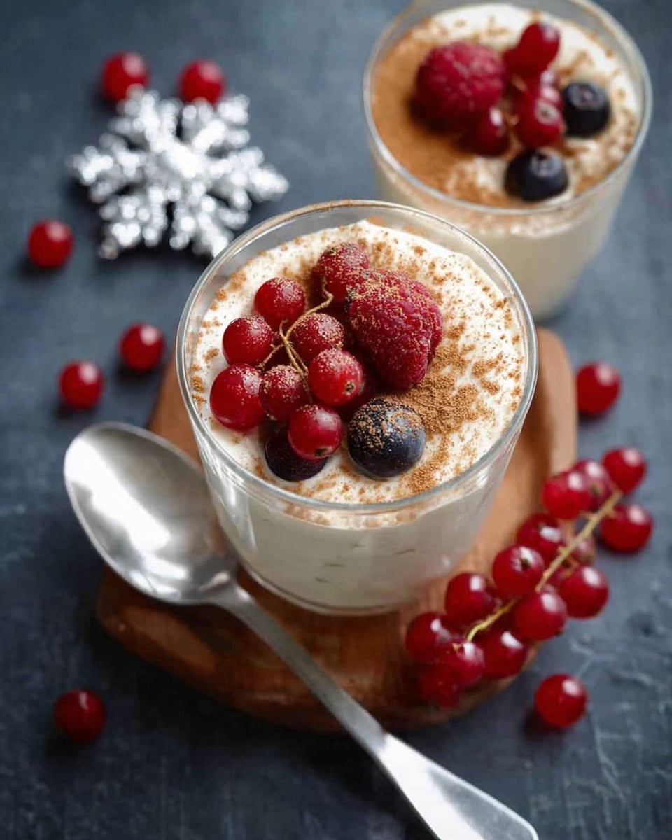 No Bake EggNog Berry Cheesecakes, festive no-bake desserts, holiday cheesecakes with berries, quick easy Christmas desserts, eggnog cheesecake recipe - The image shows a clear glass cup with a layered dessert on a white marbled texture. Inside the cup, the first visible layer is a crumbly light brown base on the right side, topped mostly with a thick, creamy white layer that covers the left side. Three fresh red cherries are placed on top of the creamy layer, and the cream is sprinkled with a fine dusting of light brown powder. A silver spoon is partially inside the cup, resting on the creamy layer and crumbs. Some additional cherries are scattered on the white marbled surface around the cup. photo taken with an iphone --ar 2:3 --v 7