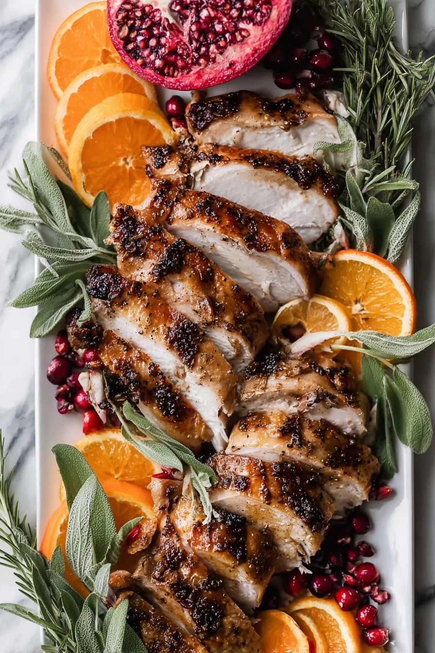 Perfect Smoked Turkey Breast, smoked turkey, smoked turkey breast recipe, juicy smoked turkey, flavorful turkey - A large roasted dark brown meat piece sits in the center of a white plate, surrounded by fresh dark purple grapes in bunches. There are cut halves of bright orange small citrus fruits and yellow lemon wedges placed evenly around the meat. Green rosemary leaves and sage leaves add greenery around the edges. Two red pomegranate halves with seeds showing are placed on opposite sides near the meat. All this is on a white marbled surface. photo taken with an iphone --ar 2:3 --v 7