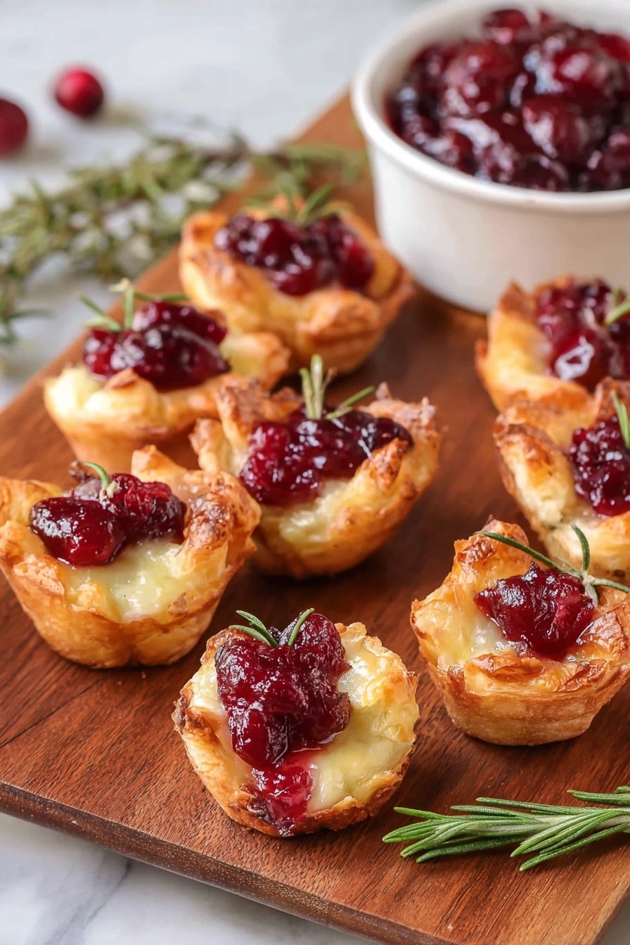 Cranberry Brie Bites, Cranberry Brie Bites recipe, festive appetizer ideas, easy appetizer recipes, holiday party snacks - The image shows eight small pastry cups arranged on a wooden board. Each cup has a golden-brown crispy outer layer filled with melted cheese, topped with a bright red cranberry sauce that looks chunky. Some pastries have small green rosemary sprigs sticking out from the side, adding a fresh touch. In the background, part of a white bowl filled with more cranberry sauce is visible, along with a few more sprigs of rosemary lying on the board. The scene is warm and inviting, with a focus on the texture contrast between the crispy pastry and soft cheese topped with vibrant cranberry sauce. The setting is on a white marbled surface. photo taken with an iphone --ar 2:3 --v 7