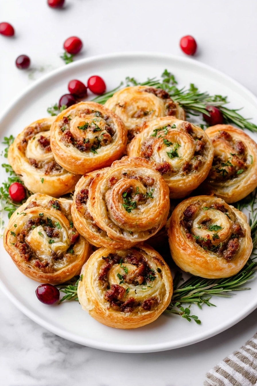 Sausage Cranberry Brie Bites, festive appetizer recipes, easy holiday appetizers, puff pastry appetizers, savory sweet appetizer ideas - A white plate holds nine golden-brown puff pastry pinwheels stacked gently. Each pinwheel has multiple layers visible in a spiral pattern, showing a slightly crispy outer edge with a softer, flaky inside. The filling is a mix of brown, green, and reddish bits, likely meat and herbs, spread through the spiral. Around the pinwheels are sprigs of green herbs and scattered red cranberries, adding color contrast. The plate sits on a white marbled surface with a black and white checkered cloth and a white towel in the background. Photo taken with an iphone --ar 2:3 --v 7