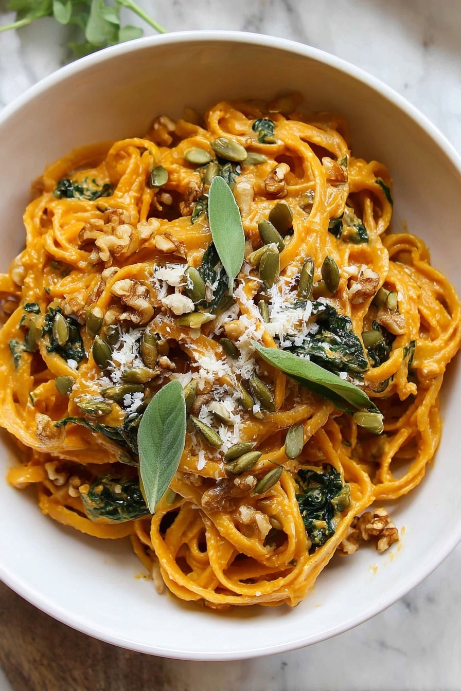 Pumpkin Pasta, Creamy Pumpkin Pasta, Fall Pasta Recipes, Pumpkin Dinner Ideas, Easy Pumpkin Pasta - The dish shows a white bowl filled with noodles coated in an orange sauce, giving a creamy look. The noodles are twisted and piled in layers, mixed with dark green leafy pieces that add color contrast. On top, there are scattered light brown walnut pieces and green pumpkin seeds, along with a sprinkle of white grated cheese for texture. Several fresh green leaves are placed on the surface, enhancing the natural appeal. The bowl sits on a white marbled surface, adding a clean and bright background to the photo taken with an iphone --ar 2:3 --v 7