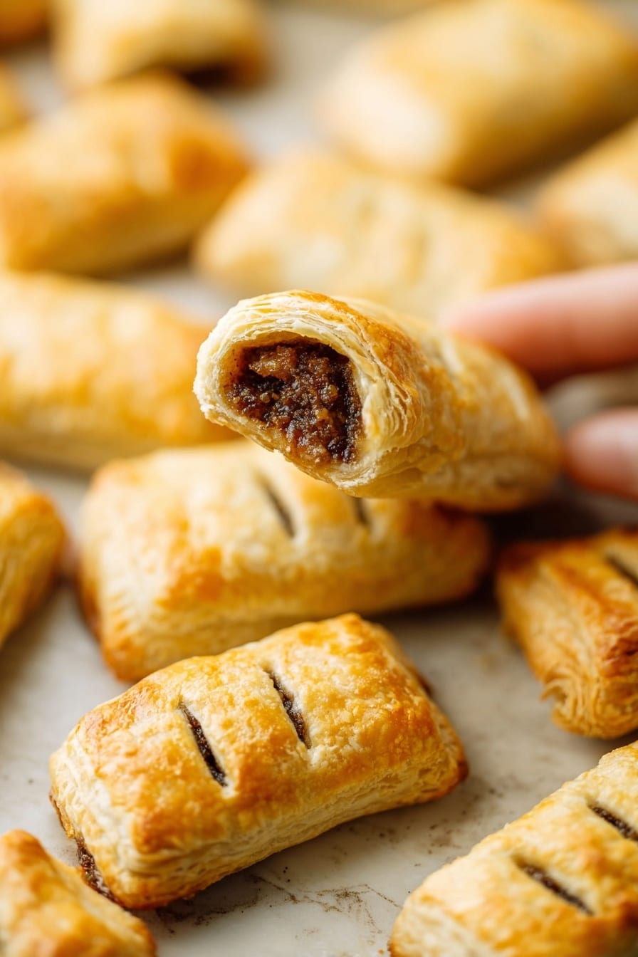 Vegan Sausage Rolls, vegan sausage rolls recipe, plant-based sausage rolls, vegan savory snacks, vegan puff pastry rolls - This image shows many small golden-brown pastries with a flaky, crispy texture lying on a surface with a white marbled texture. Each pastry is rectangular with small slits on top, revealing a dark brown filling inside. One pastry is held up close to the camera by a woman's hand, showing the inside, which looks thick and chunky with a slightly sticky appearance. The layers of the pastries are clearly visible, with a light, airy crust wrapped around the filling, and the overall look is warm and inviting. photo taken with an iphone --ar 2:3 --v 7