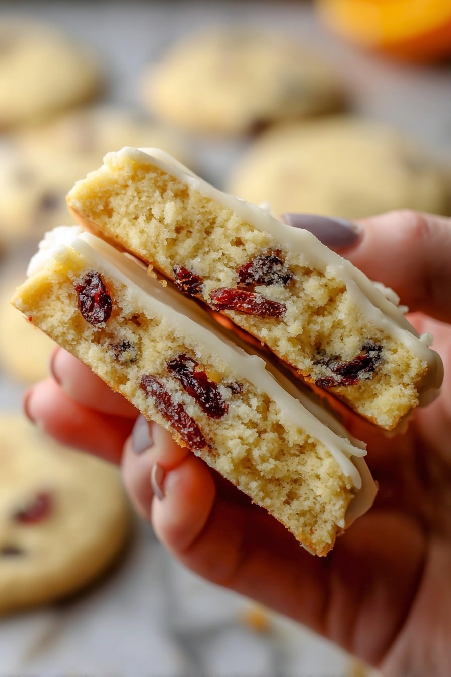 Orange Cranberry Shortbread Cookies, cranberry shortbread cookies, orange zest cookies, holiday shortbread recipes, buttery citrus cookies - A close-up view of a two-layer soft cookie held by a woman's hand, showing a light golden-brown, moist texture with embedded dark red dried fruit pieces throughout both layers. The cookie has a thin white icing coating on the outside, visible on the edges, with a slightly rough surface. The background is softly blurred with similar cookies lying flat on a white marbled surface, emphasizing the focus on the held cookie. The warm lighting enhances the soft and crumbly look of the cookie layers. photo taken with an iphone --ar 2:3 --v 7