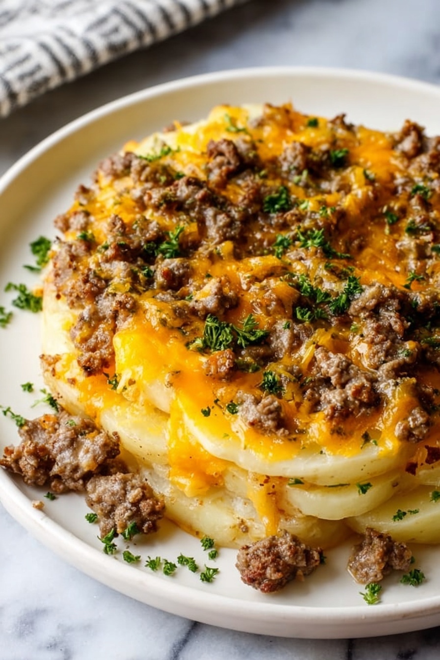 Hobo Casserole, easy comfort food, hearty casserole recipes, cheesy beef casserole, quick weeknight dinners - The dish shows two thick layers of sliced potatoes that are pale yellow with smooth, slightly soft texture as the base and middle layer. On top of the potatoes, there are small pieces of browned cooked ground meat with a crumbly texture, spread evenly across the surface. Melted cheddar cheese slices cover parts of the potatoes and meat, in a bright orange-yellow color with a smooth, shiny surface. The dish is garnished with small pieces of green parsley sprinkled on top, giving a fresh touch. The food is served on a white plate placed on a white marbled surface. photo taken with an iphone --ar 2:3 --v 7