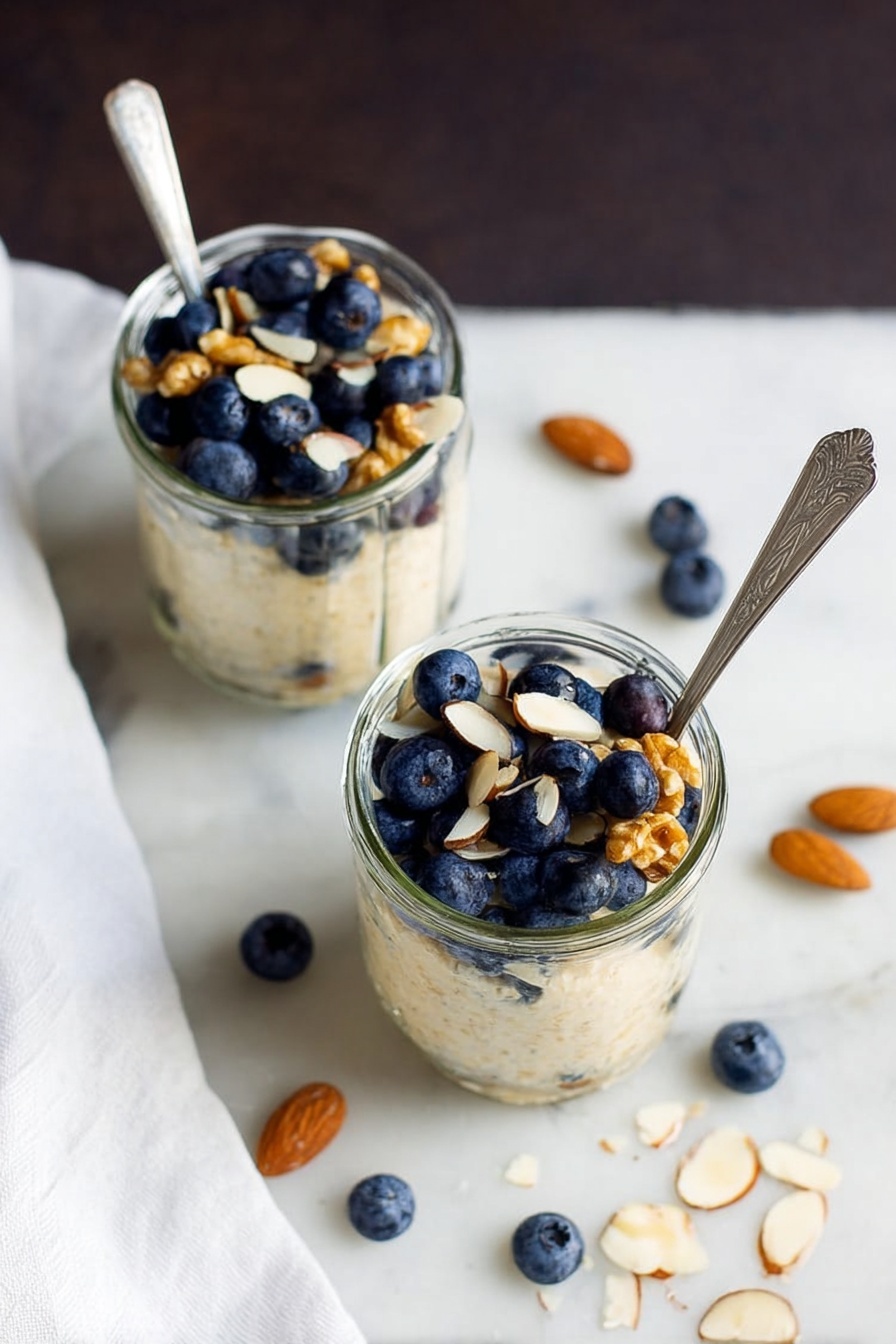 Simple Vegan Overnight Oats, vegan breakfast ideas, healthy vegan breakfast, easy vegan oatmeal, cruelty-free breakfast recipes - Two clear glass jars with three visible layers each sit on a white marbled surface. The bottom layer is a light beige creamy oatmeal, topped with a layer of sliced almonds scattered evenly. The top layer consists of fresh deep blue blueberries and small golden walnut pieces arranged loosely on top. One jar has a silver spoon resting inside it, and a few almond slices are scattered near the jars. A white cloth is partially visible in the corner. Photo taken with an iphone --ar 2:3 --v 7