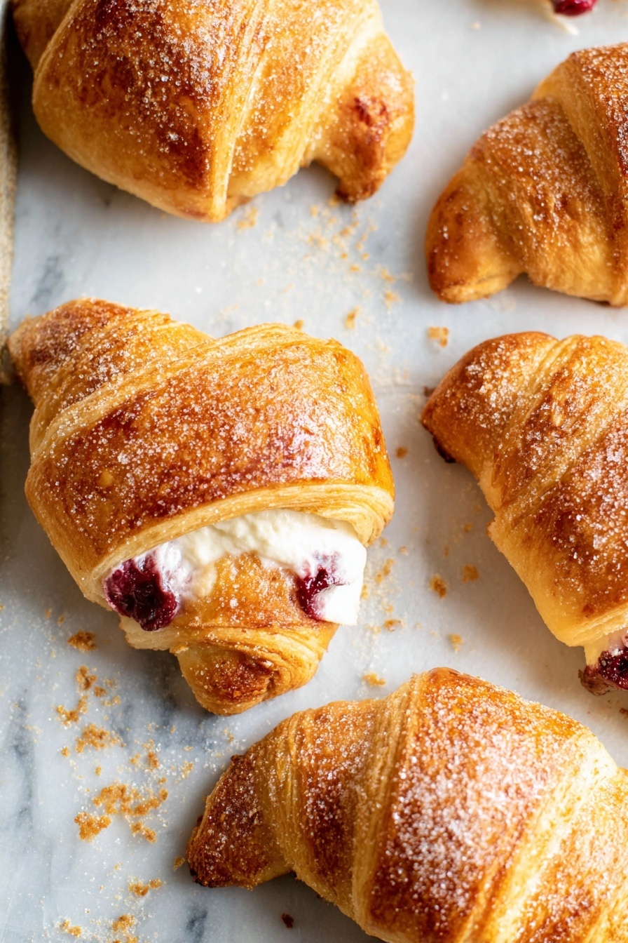 Cranberry Cheesecake Rolls, cranberry cheesecake dessert, easy cranberry pastry, holiday brunch ideas, cream cheese crescent rolls - The image shows five golden brown crescent rolls on a white marbled surface, each roll featuring a flaky, crispy outer layer with a sprinkles of white sugar on top. Inside, visible in some rolls, is a creamy white filling with a deep red fruit, possibly cherry or berry, peeking out. The rolls have a textured, slightly uneven crust from baking, creating a cozy homemade look. The white marbled surface has some crumbs and sugar scattered around, adding to the casual and fresh feel of the scene. photo taken with an iphone --ar 2:3 --v 7