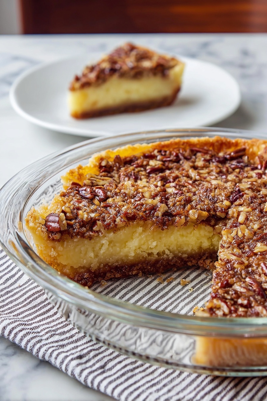 Colonial Innkeeper's Pie, colonial dessert recipes, layered chocolate pie, vintage pie recipes, historical dessert ideas - A pie with three clear layers is shown: the bottom is a dark brown crust, the middle is a thick, light yellow cake layer with soft texture, and the top is a crunchy, nutty layer with chopped pecans in brown and golden shades. A slice of the pie is placed on a white plate in the background, showing the same layers. The pie is inside a clear glass dish sitting on a striped cloth with a white marbled surface underneath. Photo taken with an iphone --ar 2:3 --v 7