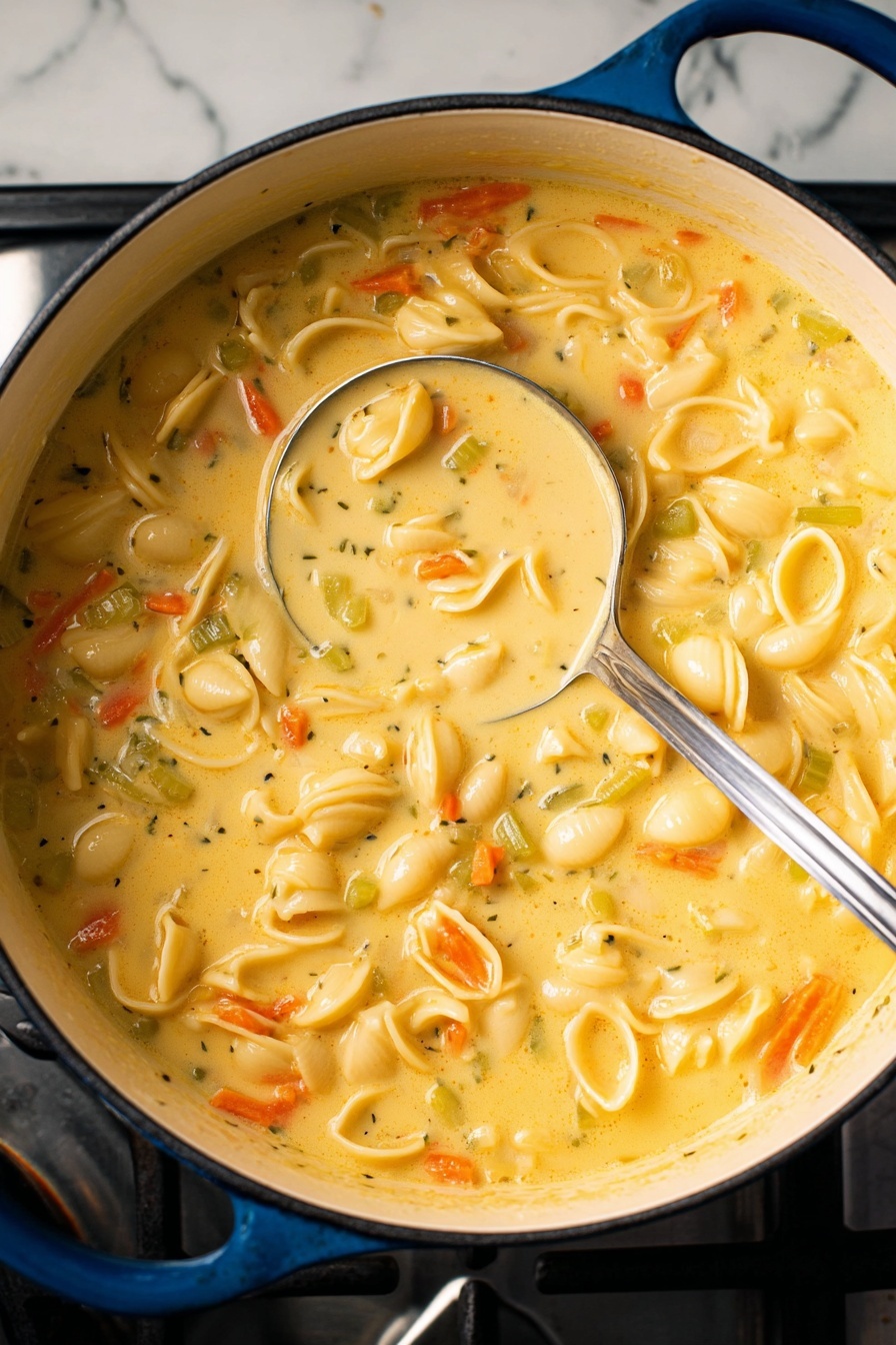 Mac & Cheese Soup, cheesy comfort food, creamy soup recipes, hearty cheese soup, easy cheesy soup - A close-up view of a large blue pot filled with creamy yellow soup with small pasta shells and thin slices of orange carrot and green celery mixed inside. The soup has a thick smooth texture covering all ingredients evenly, and a long silver spoon is resting inside the pot with its handle leaning on the pot’s edge. The pot is sitting on a stovetop surrounded by a white marbled surface visible at the edges. Photo taken with an iphone --ar 2:3 --v 7