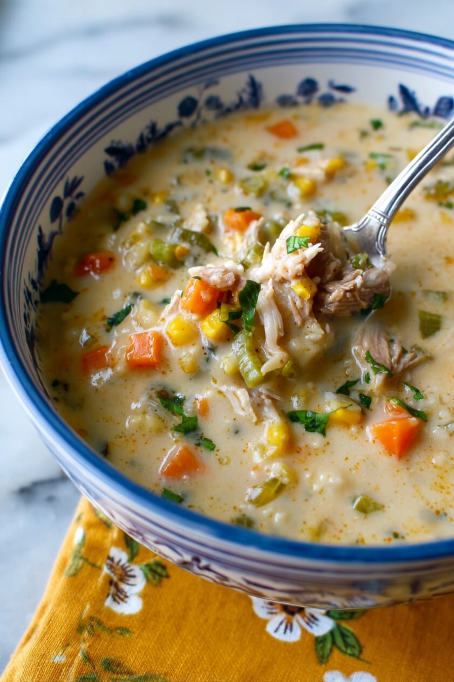 Lemon Chicken & Spaetzle Soup, lemon chicken soup, spaetzle soup recipe, comforting chicken soup with lemon, homemade spaetzle dumplings - The image shows a close-up of a white bowl with blue designs filled with a thick soup that has a creamy light beige base. The soup includes small soft pieces of orange carrot, light green celery, green herbs, and shredded light-colored meat mixed throughout. A metal spoon is partially inside the bowl on the right side, lifting some soup. The bowl is placed on a white marbled surface with a yellow cloth with a floral pattern next to it. Photo taken with an iphone --ar 2:3 --v 7