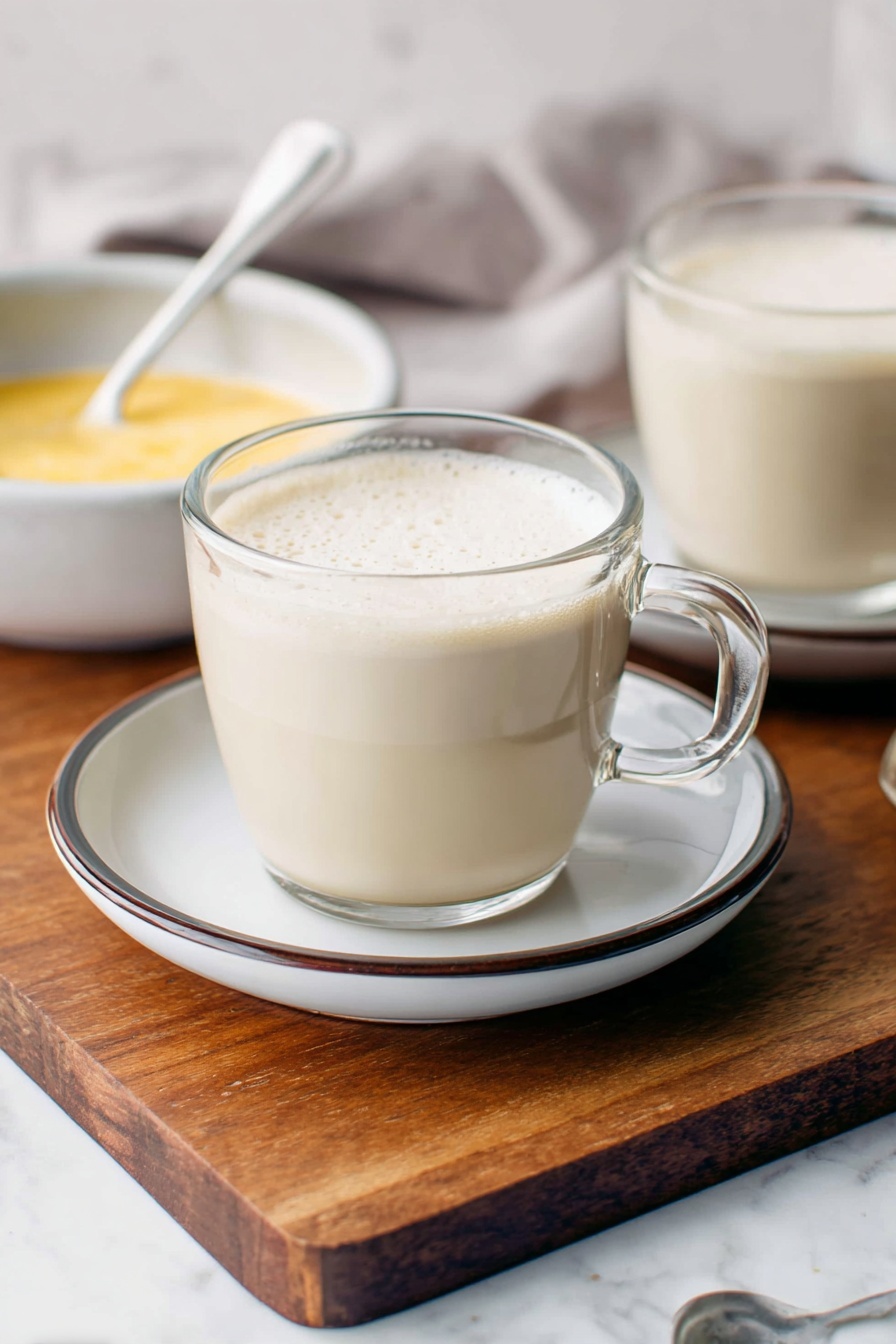 Vegan White Hot Chocolate, dairy-free hot chocolate, plant-based hot chocolate, vegan winter drinks, creamy vegan hot chocolate - A clear glass cup filled with light beige frothy milk tea sits on a white saucer with a thin dark rim, resting on a wooden board. The cup has a clear handle on the right side. In the background, there is another similar cup and a bowl with a creamy yellow substance, along with a metal spoon placed inside it. The surface beneath the wooden board is a white marble texture. photo taken with an iphone --ar 2:3 --v 7