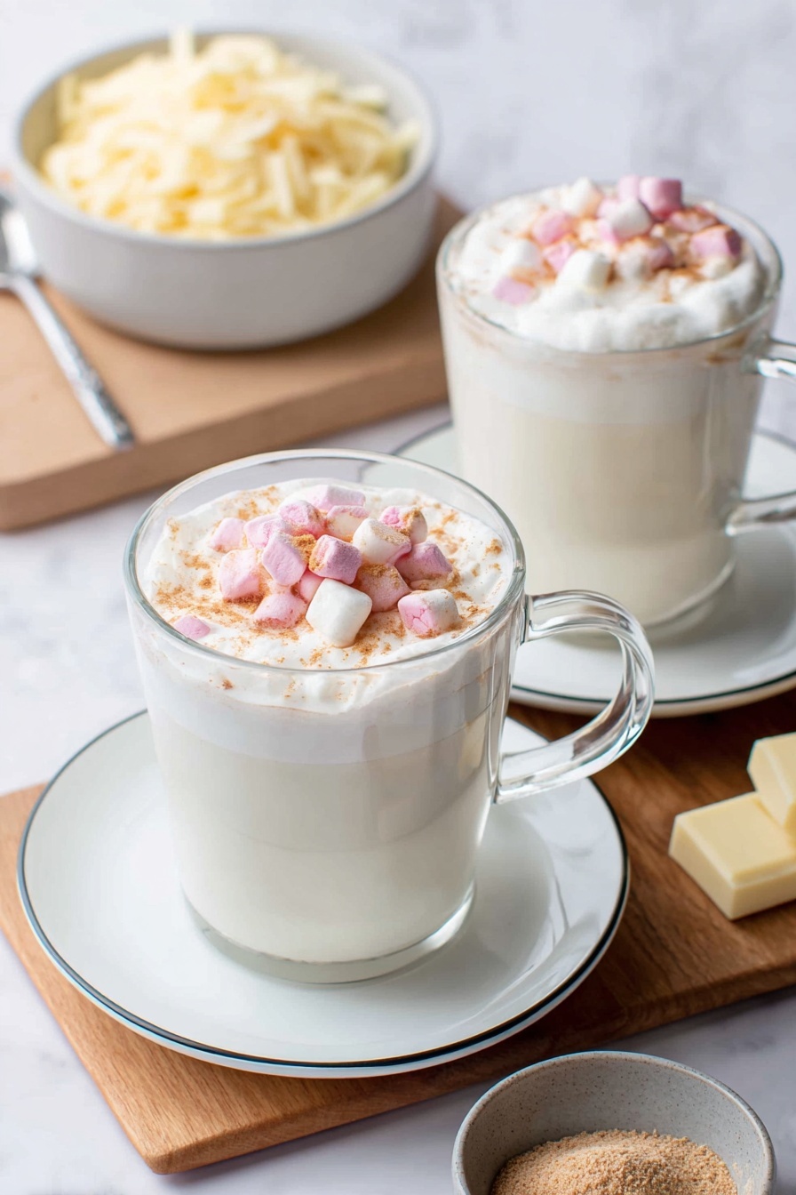 Vegan White Hot Chocolate, dairy-free hot chocolate, plant-based hot chocolate, vegan winter drinks, creamy vegan hot chocolate - There are two clear glass mugs filled with white creamy hot drinks, each topped with a thick layer of white foam. On top of the foam, there is a mix of small pink and white marshmallows, with a light dusting of brown powder. Each mug sits on a white plate with a thin black rim. In the background, on a wooden board, there is a white bowl filled with shredded light yellow chocolate and a silver spoon resting inside. Next to it is a small gray bowl containing a fine light brown powder, and a piece of white chocolate nearby. The whole scene is set on a white marbled surface. Photo taken with an iphone --ar 2:3 --v 7