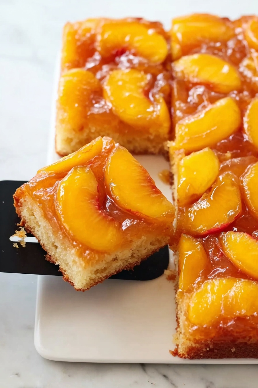Peach Upside-Down Cake, peach dessert, caramelized peach cake, easy fruit desserts, summer fruit recipes - The image shows a square peach tart with a single thin crust layer, topped with many peach slices arranged in overlapping rows, each peach slice having a yellow and orange color with soft texture. Thick white cream or icing is drizzled diagonally over the peaches in wide stripes. Fresh green mint leaves are scattered mostly in the center on top of the cream, adding a bright contrast. The tart is placed on a white marbled surface surrounded by three whole peaches with fuzzy skin and several green leafy sprigs. Photo taken with an iphone --ar 2:3 --v 7