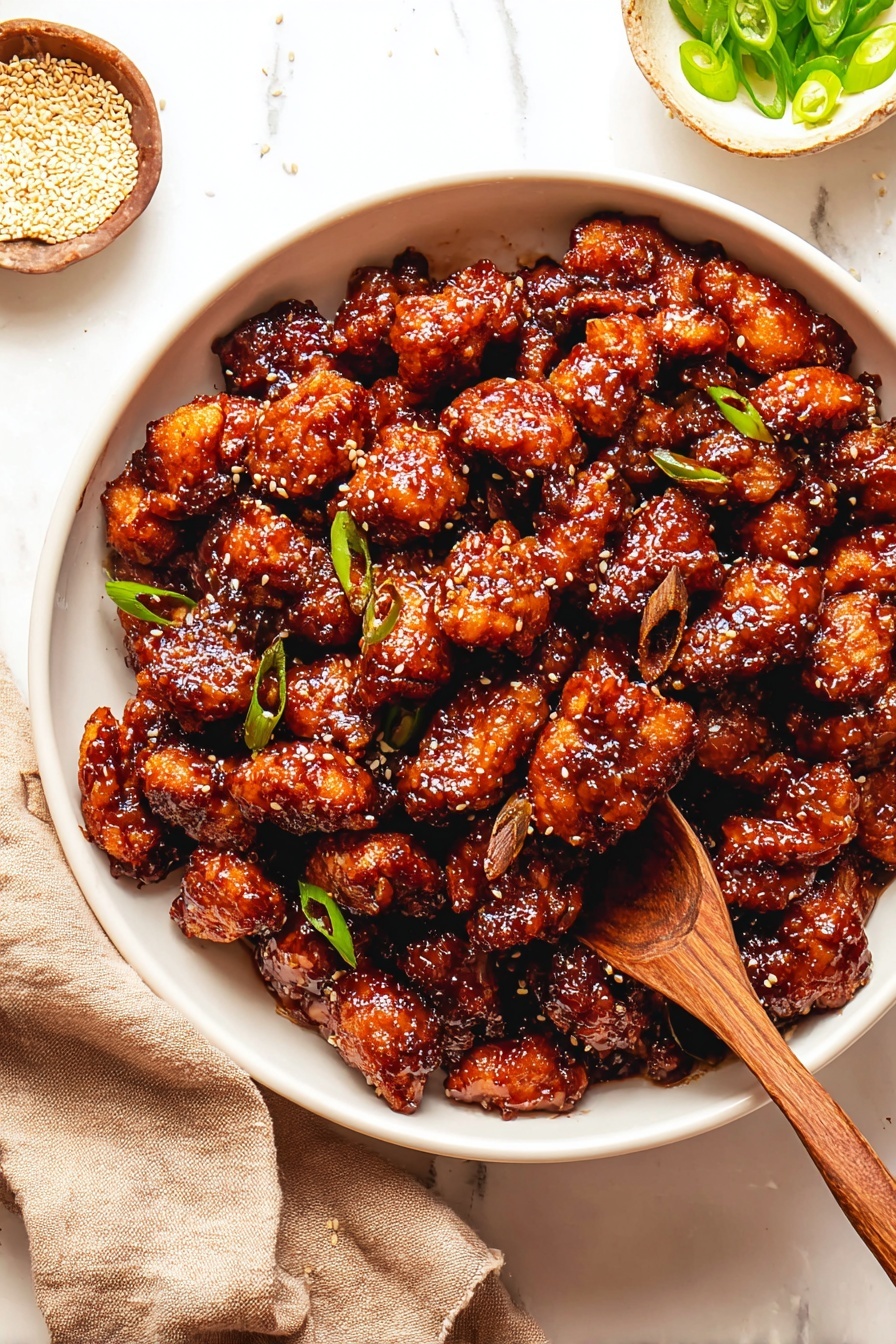 Sticky Honey Lemon Chicken, honey lemon chicken, quick weeknight dinner, easy chicken recipes, tangy glazed chicken - A white bowl filled with many small pieces of dark brown fried chicken coated in a shiny, sticky sauce. The chicken pieces look crispy with a rich glaze that makes them glossy. A wooden spoon rests inside the bowl, partially covered by chicken pieces. Around the bowl, there are small dishes with sliced green onions and sesame seeds on a white marbled surface. A light brown cloth napkin is placed near the bowl. Photo taken with an iphone --ar 2:3 --v 7