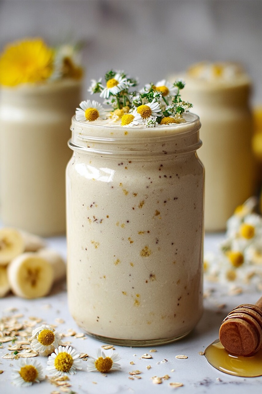 Banana Chamomile Tea Smoothie, calming fruit smoothies, healthy calming drinks, easy smoothies with chamomile, soothing banana smoothies - A clear glass jar filled with a creamy, light beige smoothie, with small granola pieces mixed inside. The top layer is decorated with three banana slices, each with a small yellow flower on top, and a sprinkle of granola around the banana slices. The jar is set on a white marbled surface, with blurred daisy-like flowers and another jar in the light background. photo taken with an iphone --ar 2:3 --v 7