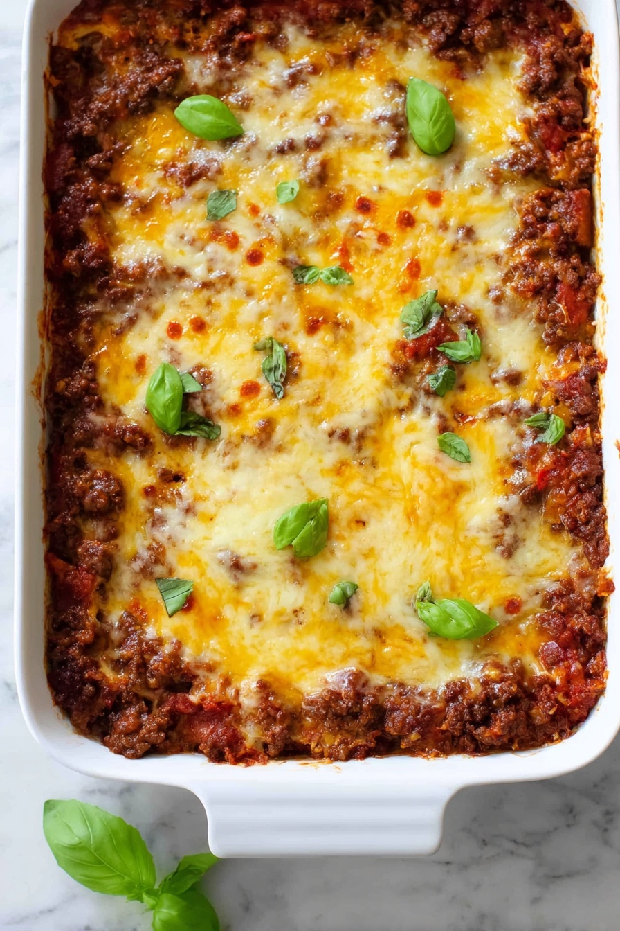Zucchini Pizza Casserole, zucchini casserole with pizza flavors, healthy zucchini pizza bake, cheesy zucchini casserole, vegetable-packed pizza casserole - The image shows a white rectangular baking dish filled with a layered casserole. The top layer is golden yellow melted cheese with some browned spots and a few green basil leaves scattered on top for garnish. Beneath the cheese, you can see visible layers of dark brown cooked ground meat mixed with tomato sauce, giving a rich red and brown texture. The dish sits on a white marbled surface with a small green basil leaf placed near the bottom edge of the dish. photo taken with an iphone --ar 2:3 --v 7