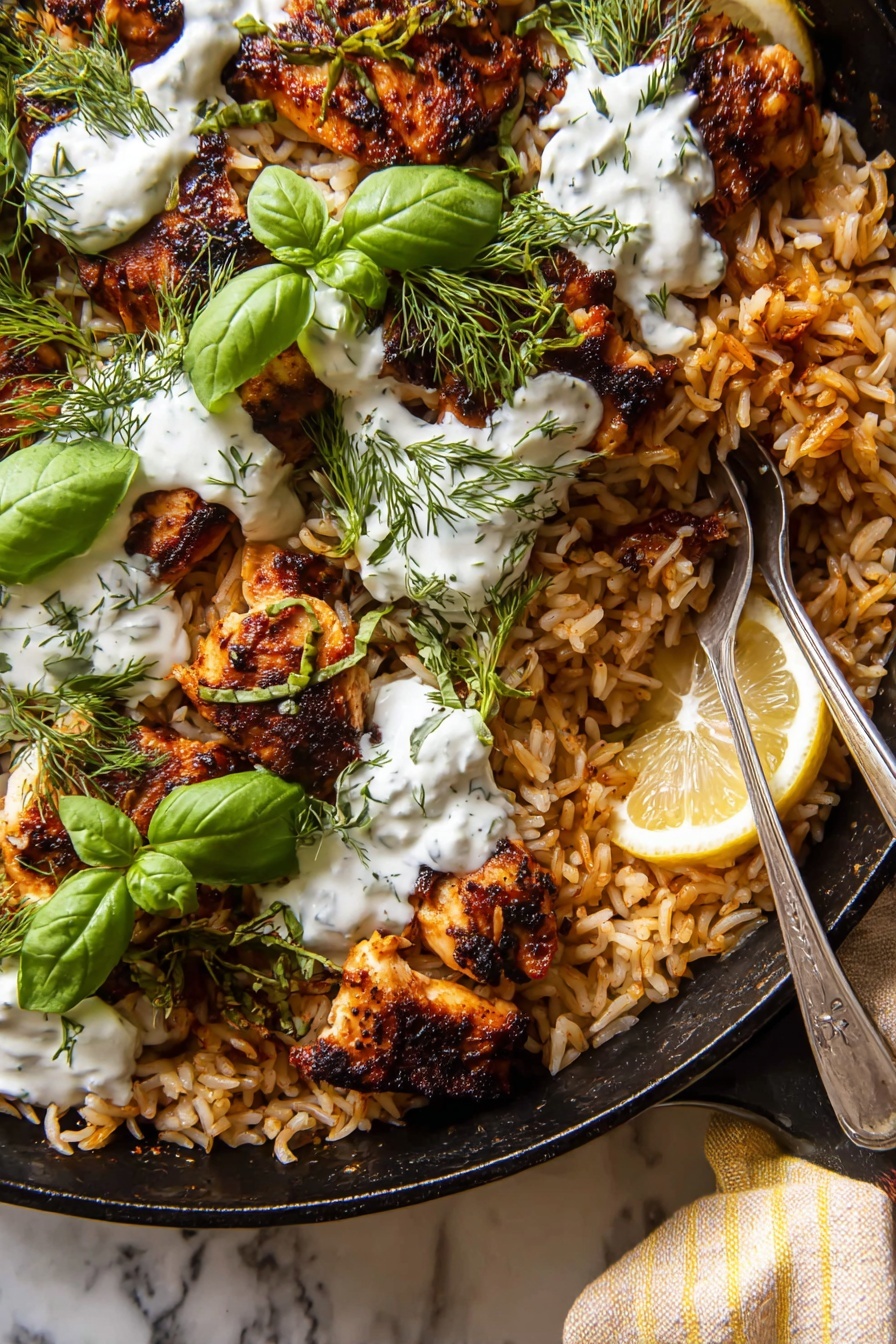 Sheet Pan Tzatziki Chicken and Orzo, Mediterranean chicken dinner, easy Greek-inspired family dinner, one-pan chicken with tzatziki, quick weeknight Mediterranean meal - A close-up top view of a black cast iron pan filled with three layers: the bottom layer is golden brown rice with some grains scattered unevenly; the middle layer consists of several pieces of browned grilled chicken with a slightly crispy texture; the top layer shows bright green fresh basil leaves and small dill sprigs scattered across, along with dollops of white creamy sauce unevenly spread. A thin lemon slice is tucked among the rice and chicken near the bottom right. A silver fork partially rests on the chicken in the upper right area. The pan is placed on a white marbled surface with a soft beige and yellow striped cloth visible on the bottom right corner. Photo taken with an iphone --ar 2:3 --v 7