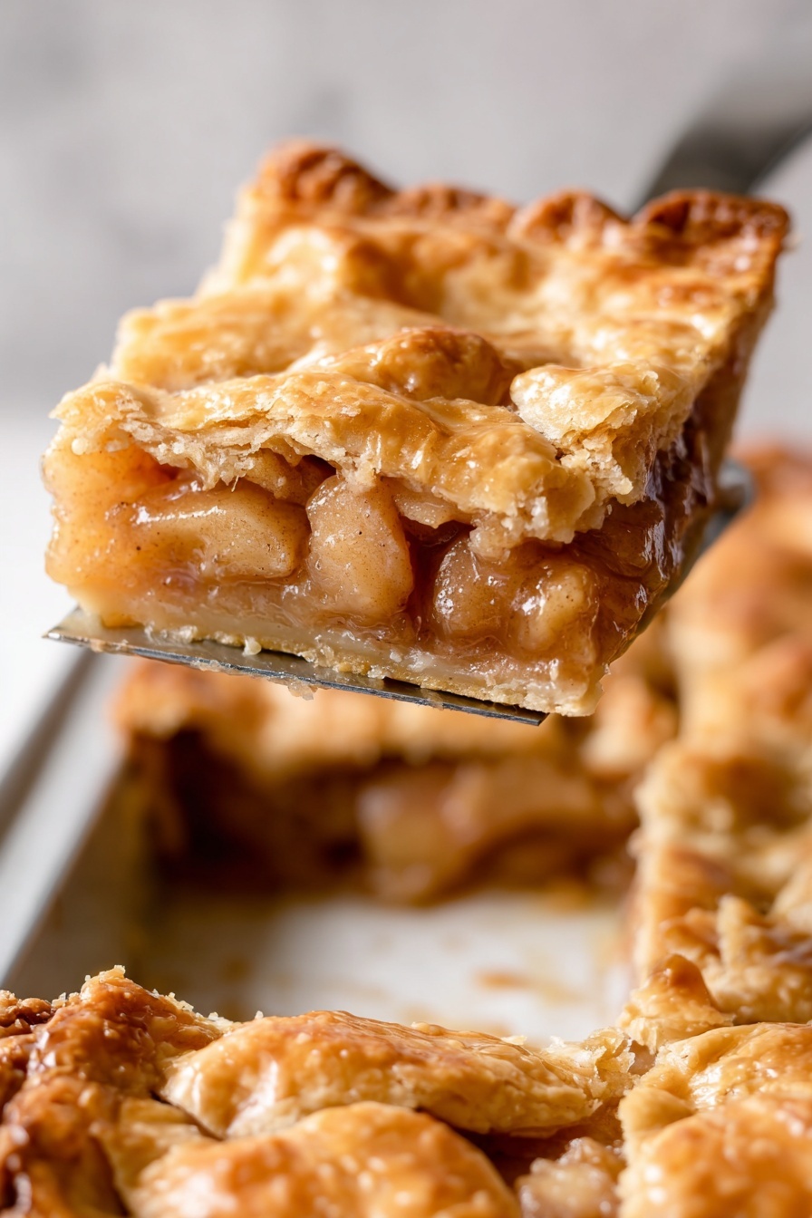 Easy Apple Slab Pie, apple slab pie, rustic apple pie, homemade apple pie, easy dessert recipes - This image shows a close-up of a square slice of apple pie lifted with a spatula above a white marbled surface. The slice has three main layers: a golden-brown, flaky crust on top with uneven edges and a slightly crispy texture, a thick middle layer filled with chunky cooked apple pieces in a light brown syrupy sauce, and a golden base crust that looks firm but soft. The background shows the rest of the pie still in a baking tray with the same golden crust, and the lighting highlights the pie’s warm colors and textures. Photo taken with an iphone --ar 2:3 --v 7
