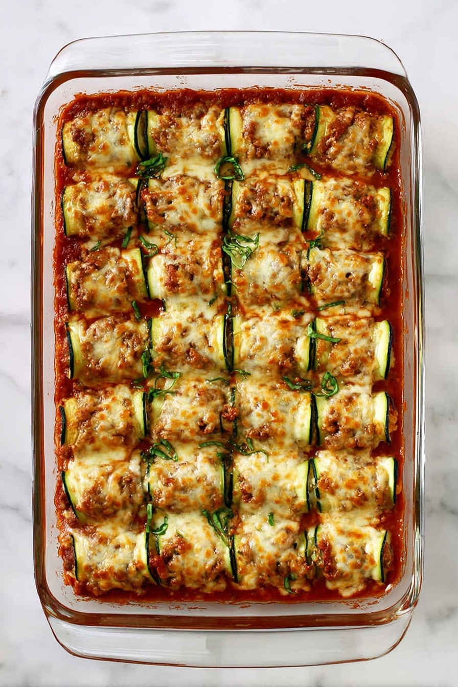 Zucchini Rollatini with Sausage and Cheese, zucchini rollatini, sausage stuffed zucchini rolls, cheesy zucchini appetizer, baked zucchini rollups - The image shows a clear rectangular glass baking dish filled with a layered zucchini roll casserole. The top layer consists of small, evenly spaced zucchini rolls with grilled marks, each topped with a bubbly, golden-brown melted cheese layer. The rolls lie on a thick red sauce base, likely tomato-based, visible between the rolls and around the edges. There is a sprinkle of fresh green herbs on top, adding a touch of color contrast. The dish is placed on a white marbled surface, giving the image a clean look. photo taken with an iphone --ar 2:3 --v 7