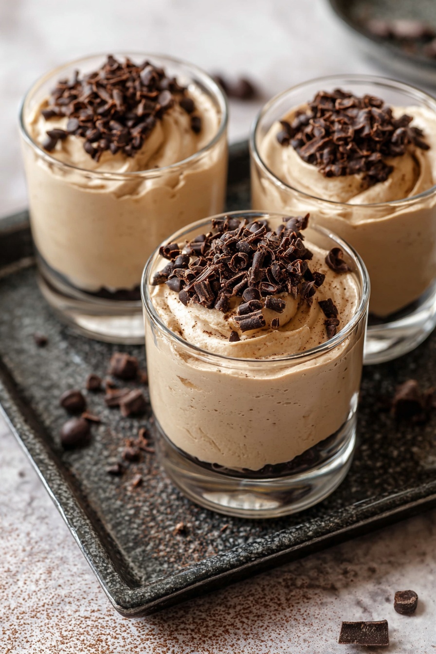 Coffee Mousse, Coffee Mousse Recipe, Coffee Dessert, Easy Coffee Mousse, Creamy Coffee Dessert - Three clear glass cups are filled with a smooth, light brown creamy dessert. Each cup is topped with a generous pile of dark chocolate curls, adding texture and richness on top. The cups sit closely together on a dark textured tray which rests on a white marbled surface. The creamy dessert inside the cups shows soft swirls, giving it an airy, whipped look. Scattered chocolate curls around the tray add a casual touch. The overall scene is warm and inviting. photo taken with an iphone --ar 2:3 --v 7