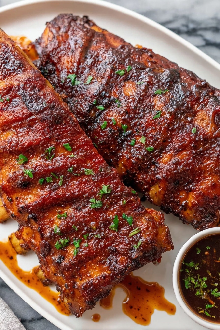 Crockpot Ribs, slow cooker ribs, tender rib recipe, easy ribs recipe, melt-off-the-bone ribs - A white plate holds two large racks of ribs with a shiny, dark reddish-brown sauce covering the entire surface. The ribs have a slightly charred texture with visible grill marks and are sprinkled with small pieces of green herbs. Some sauce drips onto the plate, adding a glossy and thick look. At the bottom right corner of the plate, there is a small white bowl filled with a dark dipping sauce, also topped with green herb bits. The plate is on a white marbled surface. photo taken with an iphone --ar 2:3 --v 7