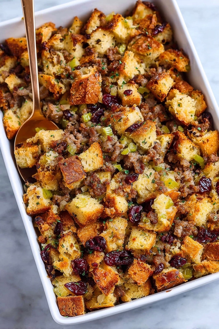 Sausage Cranberry Stuffing, holiday stuffing with sausage, festive cranberry stuffing, savory sausage stuffing recipe, easy holiday stuffing - The dish is a baked stuffing served in a white rectangular baking dish, filled with multiple layers of cubed bread pieces that are golden brown and slightly crispy. Mixed throughout are small bits of browned sausage, green celery pieces, and dark red dried cranberries. The texture is a mix of soft and crunchy, with visible herbs sprinkled on top, adding a speckled green. A bronze spoon rests inside the dish slightly sunk into the stuffing, ready to serve, all sitting on a white marbled surface. photo taken with an iphone --ar 2:3 --v 7