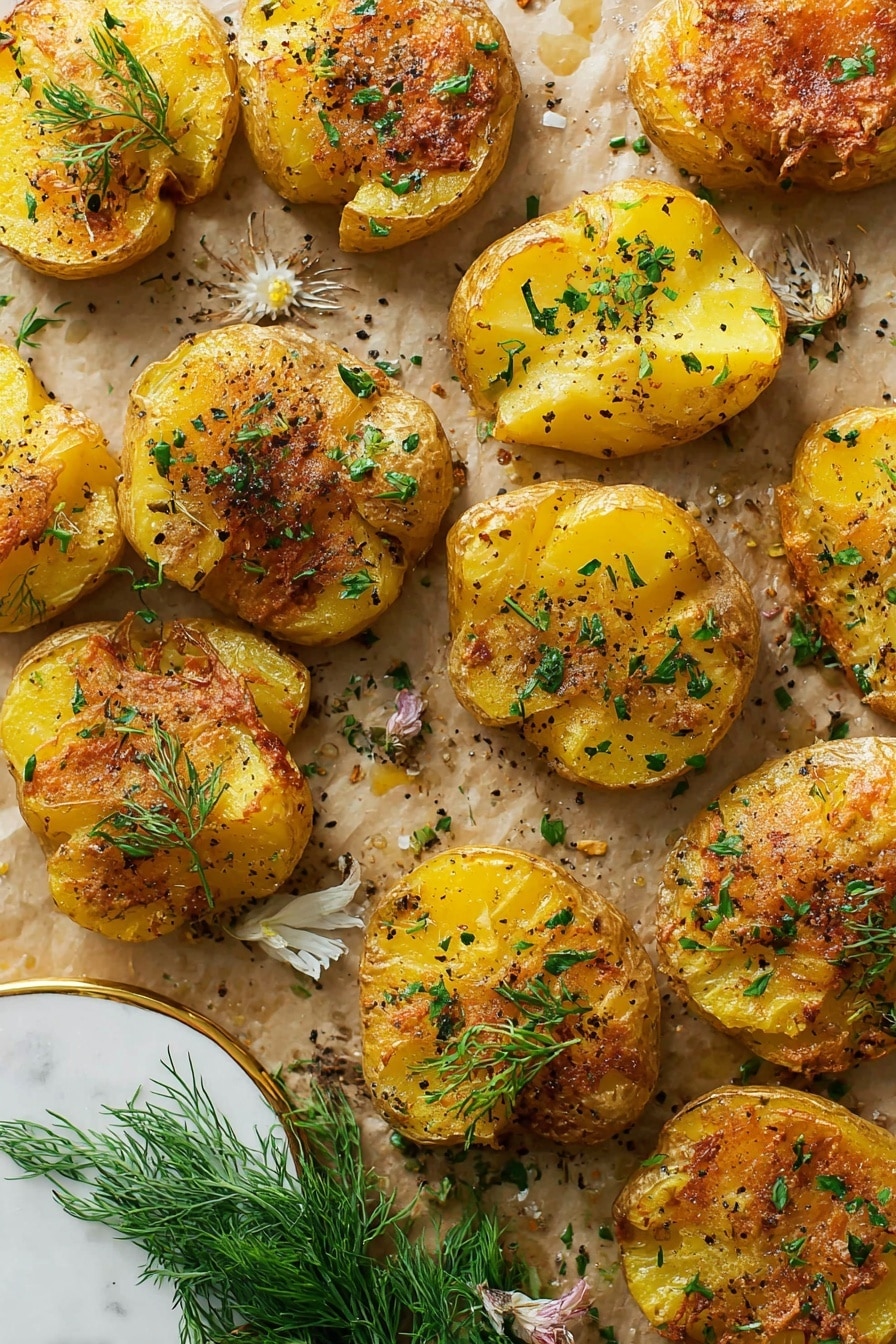 How to Make Smashed Potatoes, crispy smashed potatoes, easy smashed potato recipe, flavorful smashed potatoes, perfect smashed potatoes - The image shows several golden brown smashed potatoes on a white marbled surface. Each potato is lightly crushed flat with rough edges and crispy skin. The top layer is a golden yellow with a slightly charred, crunchy texture. Fresh green herbs are sprinkled over the potatoes, adding a pop of color and freshness. The potatoes have tiny black pepper and seasoning specks on them. Around the potatoes, small crispy potato pieces are placed, creating a rustic look. photo taken with an iphone --ar 2:3 --v 7