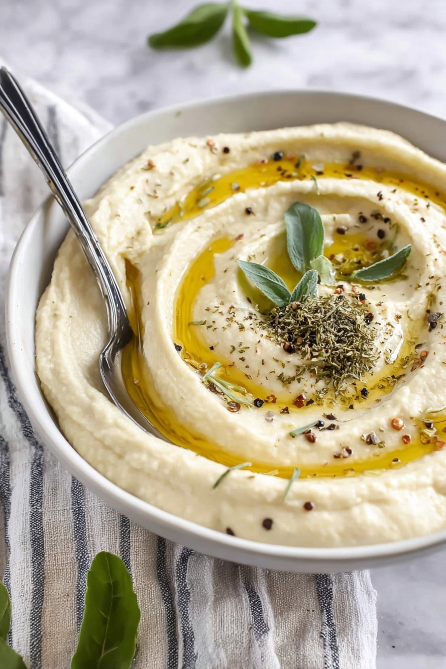 Cheesy Baked Mashed Potatoes, baked mashed potato recipe, cheesy mashed potatoes, cheesy potato casserole, creamy baked mashed potatoes - A white bowl filled with a creamy, light beige puree that is swirled in a circular motion to create soft peaks and curves. The puree is topped with a golden-yellow layer of oil that pools in the swirls, sprinkled with small black pepper flakes and thin green herb bits. Three fresh green leaves are placed on top, one with a mound of dried herbs. A silver spoon with a black handle rests inside the bowl on the left side. The bowl sits on a white marbled surface with a soft striped cloth underneath, and a few green leaves are visible in the background. Photo taken with an iphone --ar 2:3 --v 7