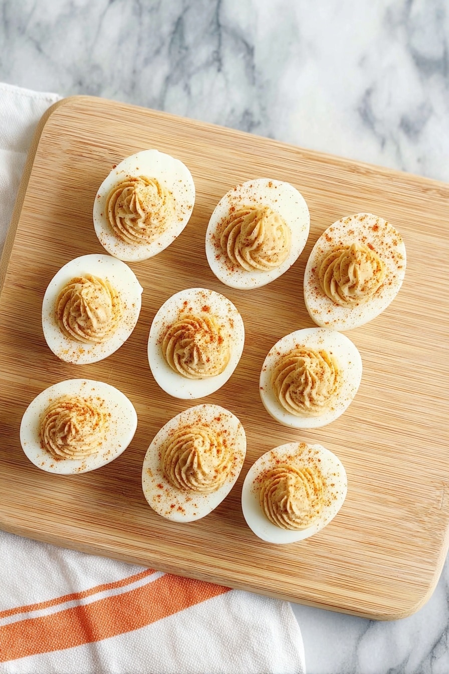Pumpkin Devilled Eggs, pumpkin deviled eggs recipe, fall appetizer ideas, festive egg appetizers, cozy pumpkin appetizer - A close-up view of six deviled eggs placed on a wooden board, each egg cut in half showing a smooth white base with a thick layer of light orange, creamy, piped filling on top. The piped filling has a spiral texture, slightly dense and ending in a soft peak. Some brown seasoning is sprinkled lightly over the filling and the egg whites. The background shows soft orange pumpkin shapes on a white marbled surface, blurred out. Photo taken with an iphone --ar 2:3 --v 7