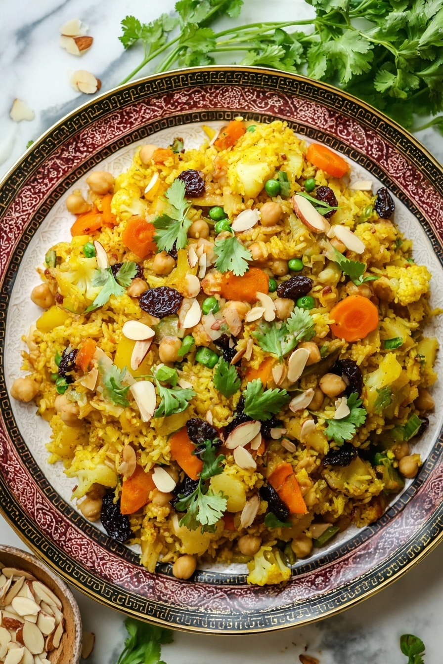 Easy Vegan Biryani, vegan Indian dinner, plant-based biryani, healthy vegan rice dish, quick vegan meal - A close-up of a decorative plate with a gold and black outer rim, filled with a layered mix of yellow rice, orange carrot slices, chickpeas, small green beans, potatoes, and light yellow cauliflower pieces. The top layer is scattered with dark raisins, sliced almonds, and fresh green cilantro leaves, adding texture and vibrant colors to the dish. The plate is placed on a white marbled surface with some fresh cilantro on the side and a small bowl of sliced almonds visible in the corner. photo taken with an iphone --ar 2:3 --v 7
