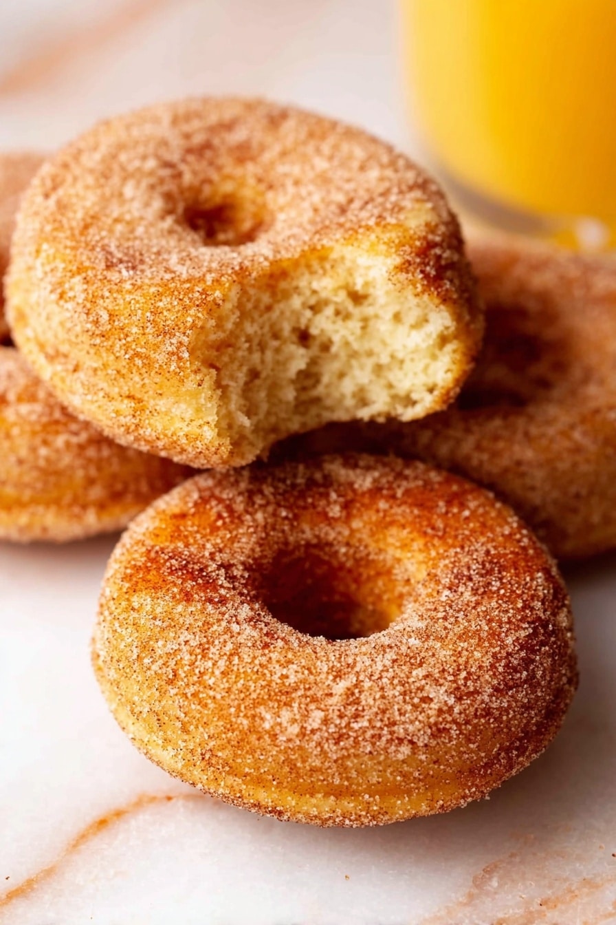 Vegan Apple Cider Donuts, Fall Vegan Donuts, Plant-Based Apple Donuts, Vegan Cinnamon Sugar Donuts, Easy Vegan Fall Recipes - The image shows three cinnamon sugar donuts with a light golden brown color and a textured coating of sugar and cinnamon. One donut is in the front with a bite taken out, revealing a soft, fluffy inside with a slightly crumbly texture. The other two donuts are whole and placed closely behind it on a light-colored surface. The background has a white marbled texture, and there is a glass of orange juice visible on the right side of the image. photo taken with an iphone --ar 2:3 --v 7