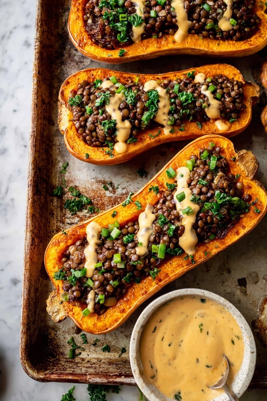 Creamy Lentil Stuffed Butternut Squash with Butternut Tahini Sauce, healthy stuffed butternut squash, vegan lentil squash bake, flavorful butternut squash recipes, hearty plant-based squash dish - The image shows four halves of roasted butternut squash with a deep orange color and soft texture, each filled with a layer of dark brown lentils mixed with caramelized onions that add a slightly shiny surface. On top, there is a rough drizzle of creamy light beige sauce spread unevenly over the lentils, and small pieces of bright green chopped herbs are scattered on each squash half, adding a fresh contrast. To the right of the squash is a small white bowl filled with the same creamy beige sauce. All the items are placed on a slightly worn baking sheet that rests on a white marbled surface. Photo taken with an iphone --ar 2:3 --v 7